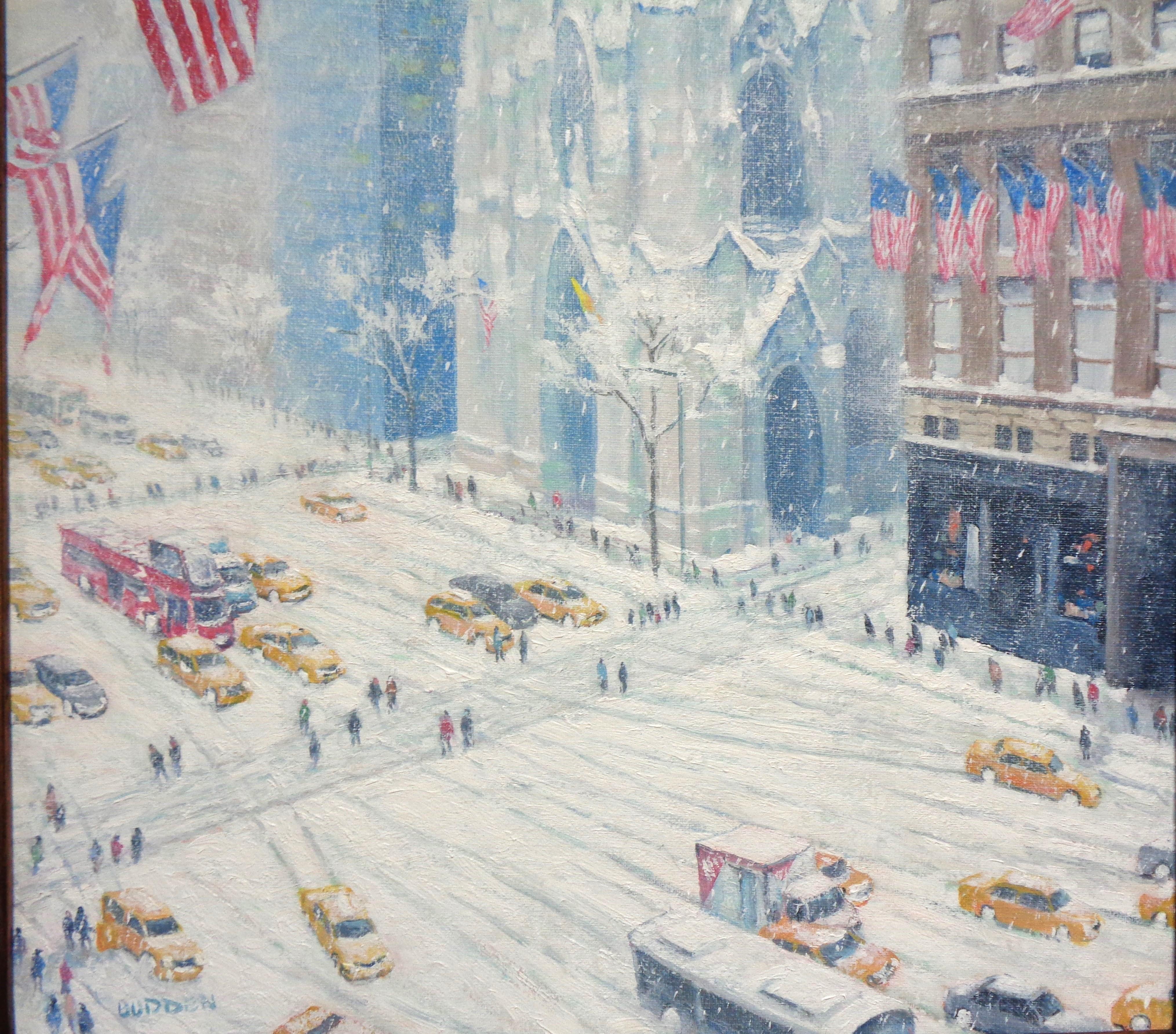 New York City Winter Ölgemälde Fifth Avenue Fahnen St. Patricks Michael Budden im Angebot 2