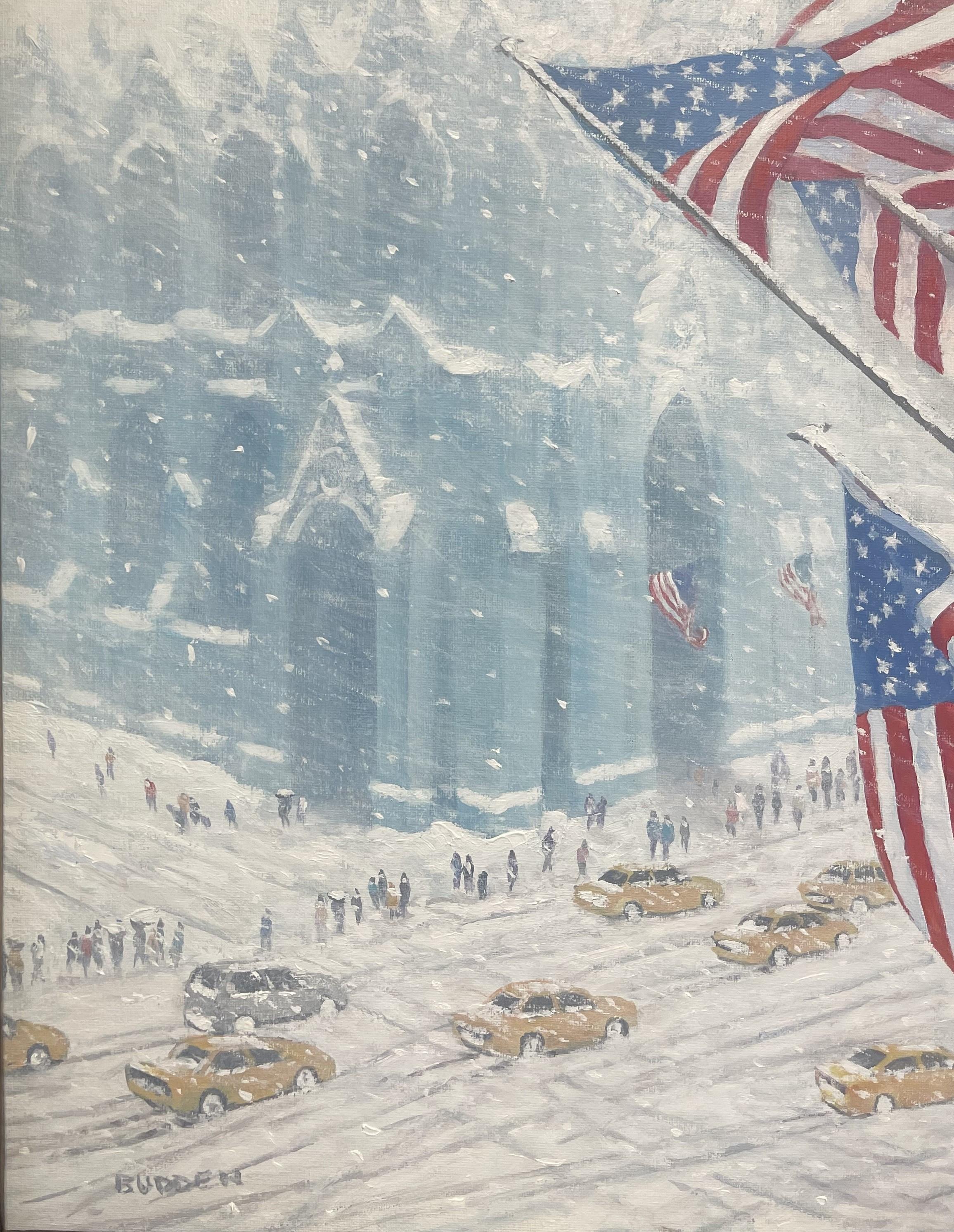 New York City Winter Oil Painting Fifth Avenue Flags St Patricks Michael Budden en vente 3