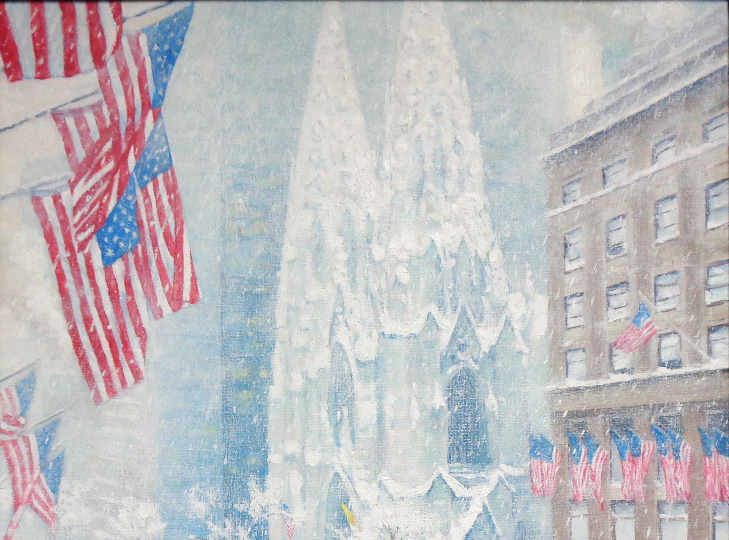 New York City Winter Ölgemälde Fifth Avenue Fahnen St. Patricks Michael Budden im Angebot 3