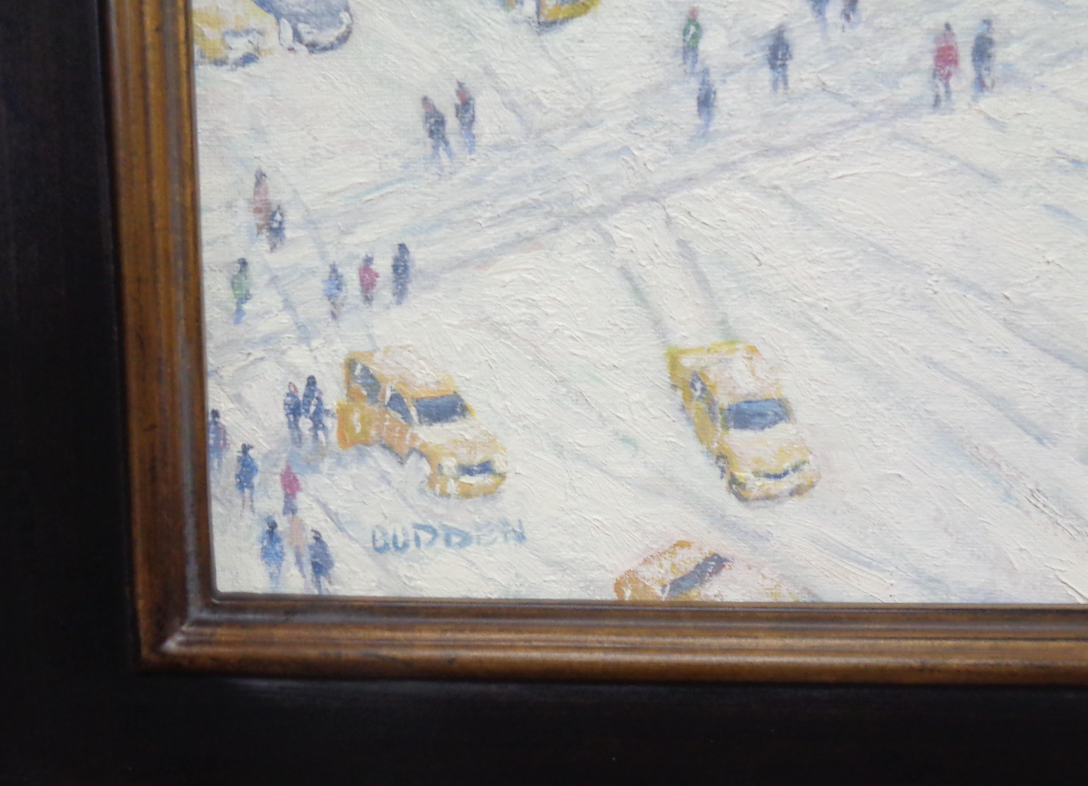 New York City Winter Ölgemälde Fifth Avenue Fahnen St. Patricks Michael Budden im Angebot 4