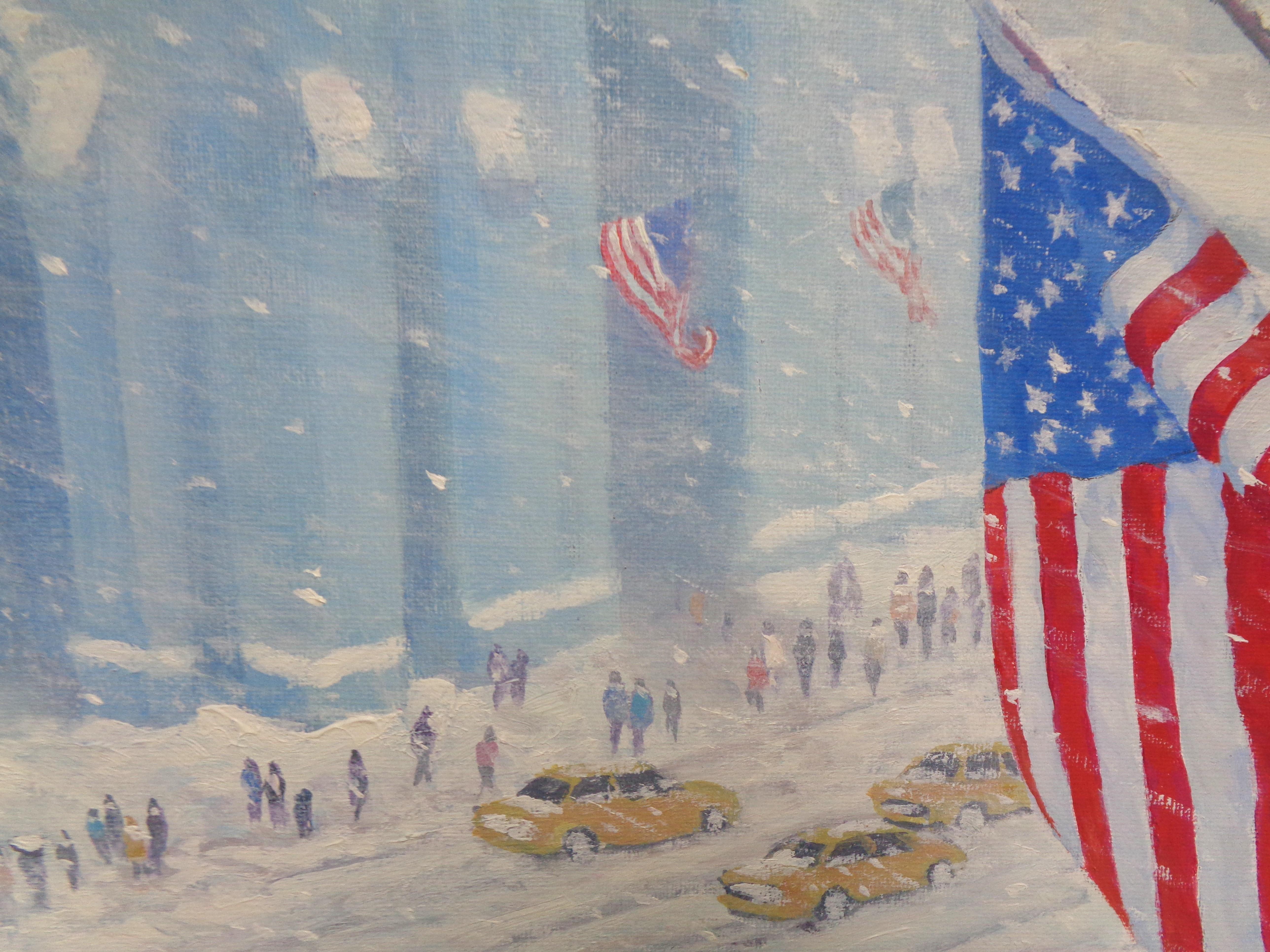 New York City Winter Oil Painting Fifth Avenue Flags St Patricks Michael Budden en vente 5