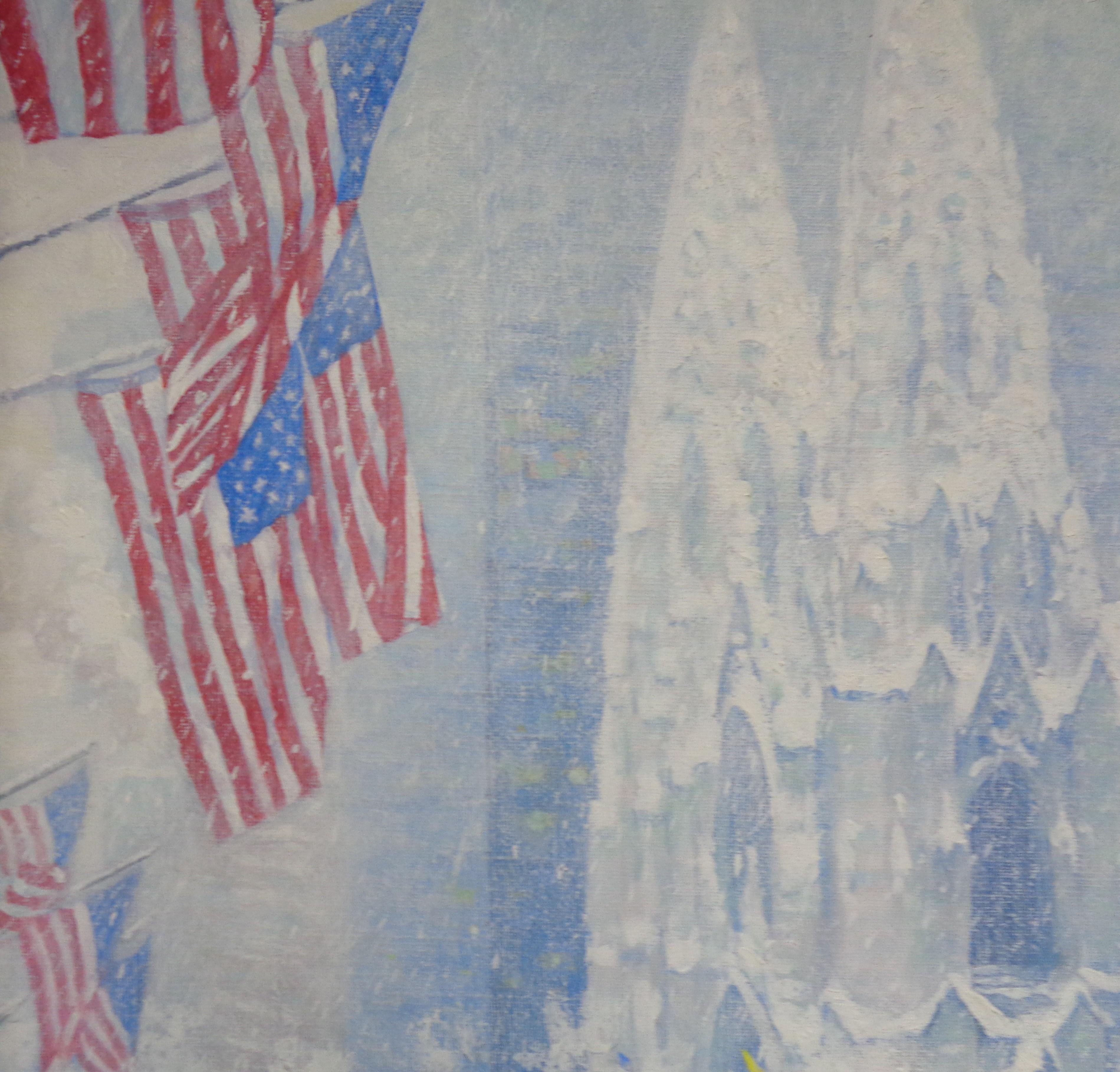 New York City Winter Ölgemälde Fifth Avenue Fahnen St. Patricks Michael Budden im Angebot 5