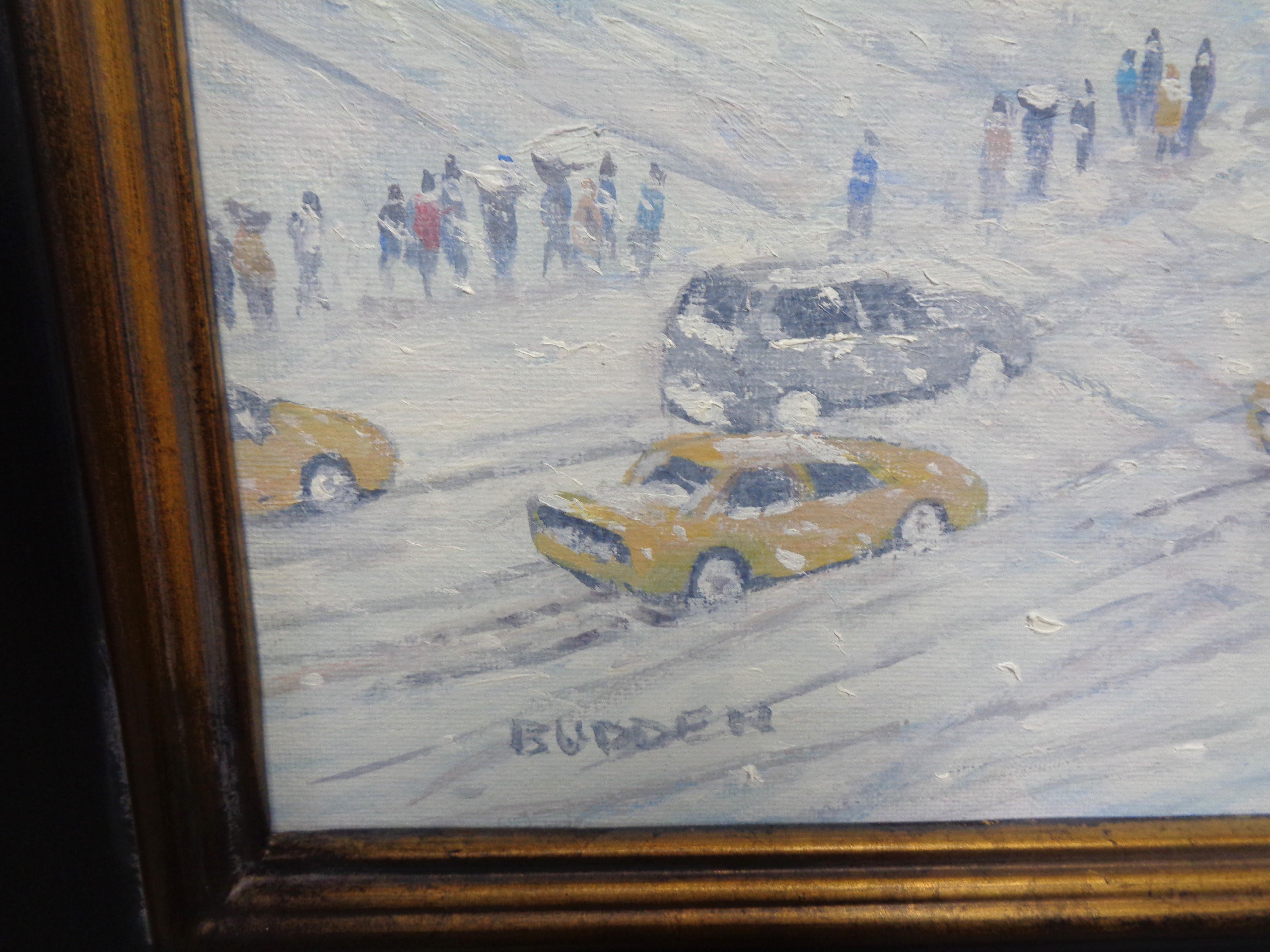 New York City Winter Oil Painting Fifth Avenue Flags St Patricks Michael Budden en vente 6