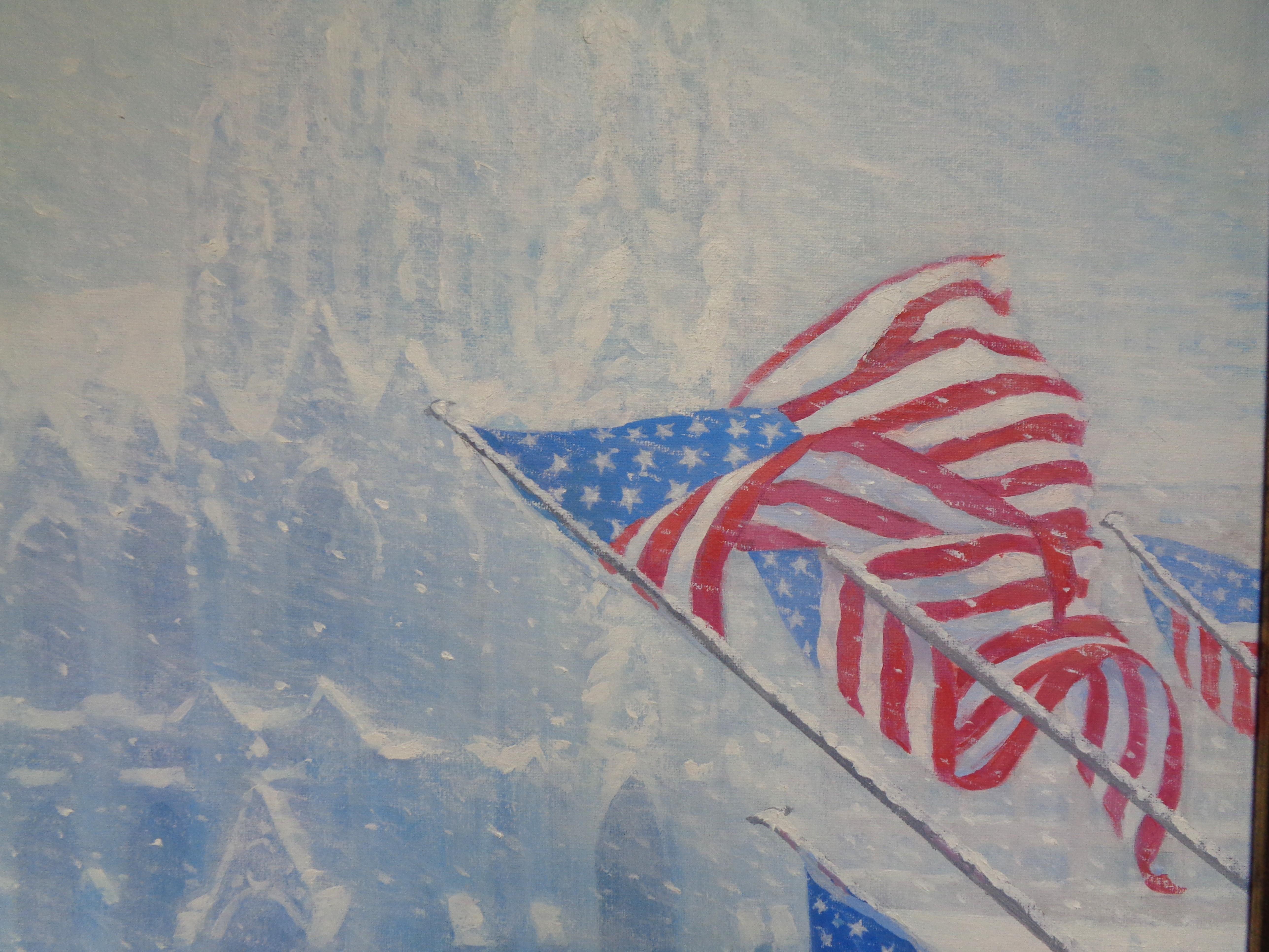 New York City Winter Oil Painting Fifth Avenue Flags St Patricks Michael Budden en vente 7