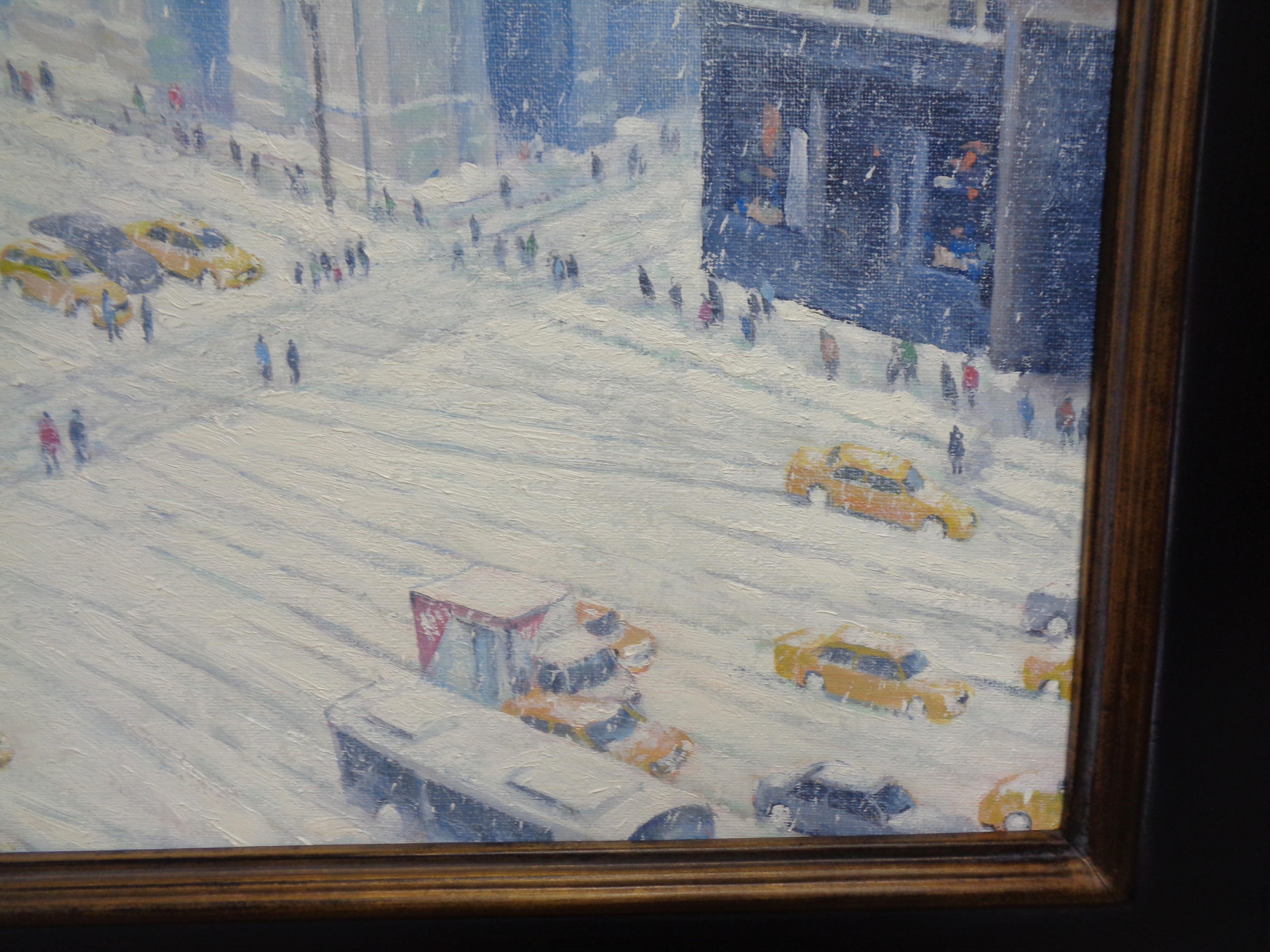 New York City Winter Ölgemälde Fifth Avenue Fahnen St. Patricks Michael Budden im Angebot 7