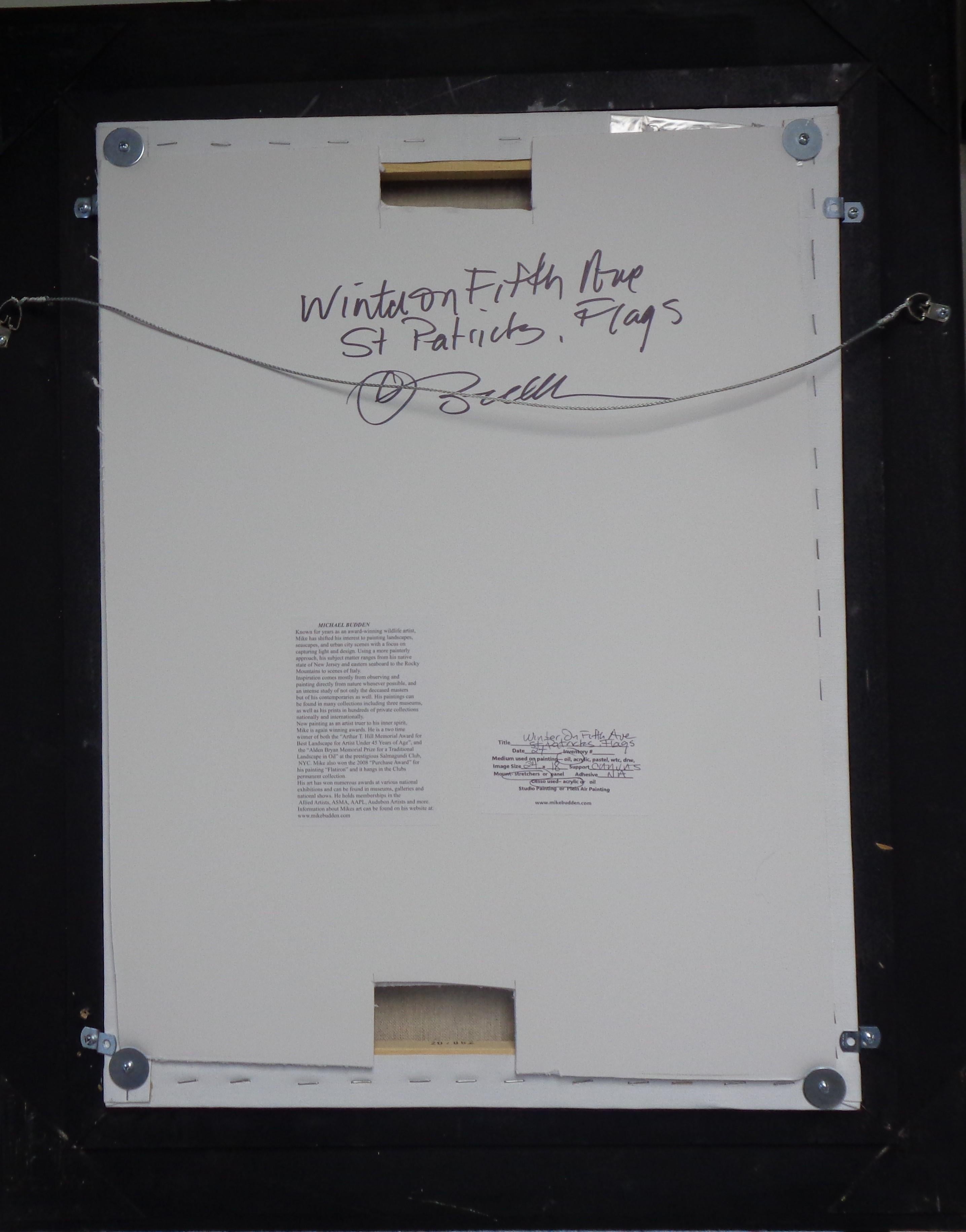 New York City Winter Ölgemälde Fifth Avenue Fahnen St. Patricks Michael Budden im Angebot 8