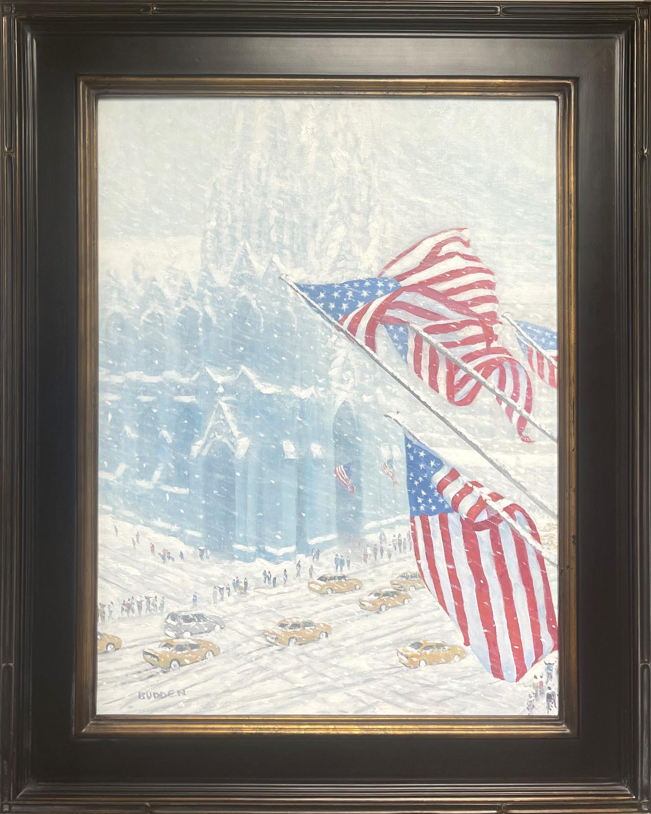 An oil painting on linen by award winning contemporary artist Michael Budden that showcases the bustling life on Fifth Avenue in NYC peering through the flags above the beautiful St. Patricks Cathedral on a wintry afternoon.  The image measures 24 x