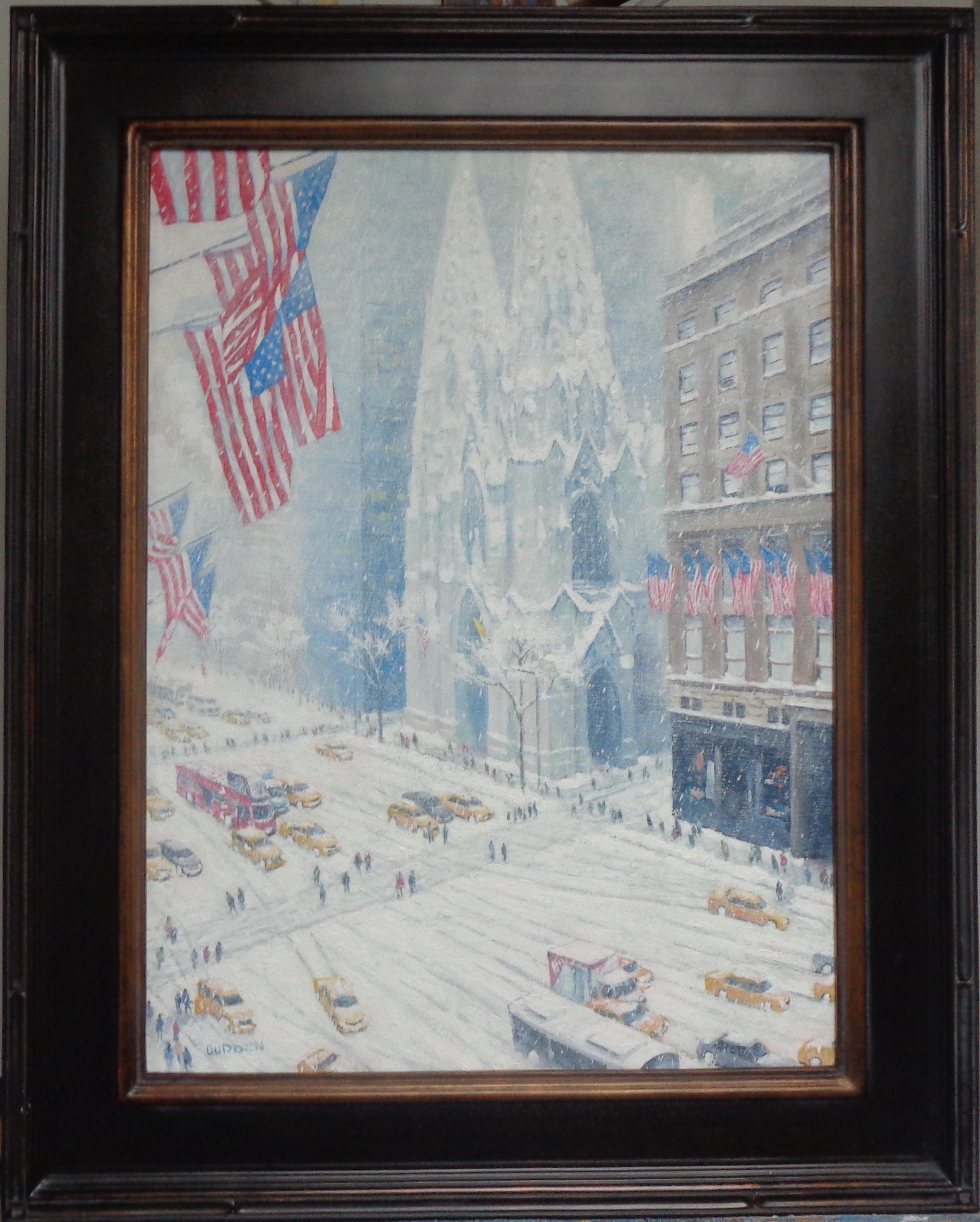 Winter On Fifth Avenue, St Patrick's,  est une peinture à l'huile sur lin réalisée par l'artiste contemporain primé Michael Budden, qui met en scène la vie trépidante de la Cinquième Avenue à New York, au-dessus de la magnifique cathédrale