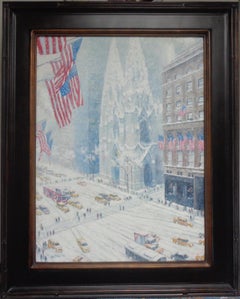 New York City Winter Oil Painting Fifth Avenue Flags St Patricks Michael Budden