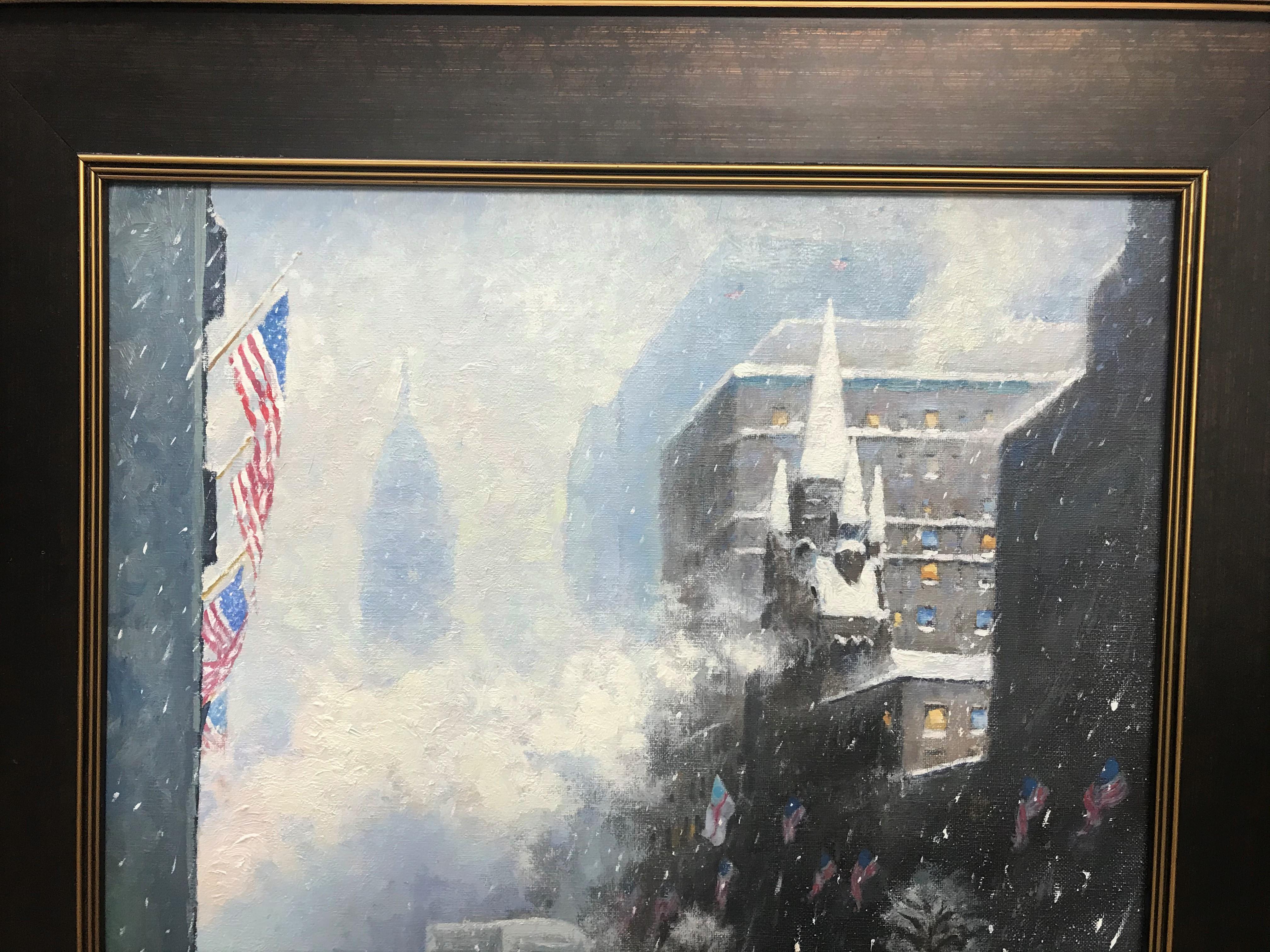 Peinture à l'huile d'hiver des drapeaux de l'Upper Fifth Avenue de New York Michael Budden en vente 1