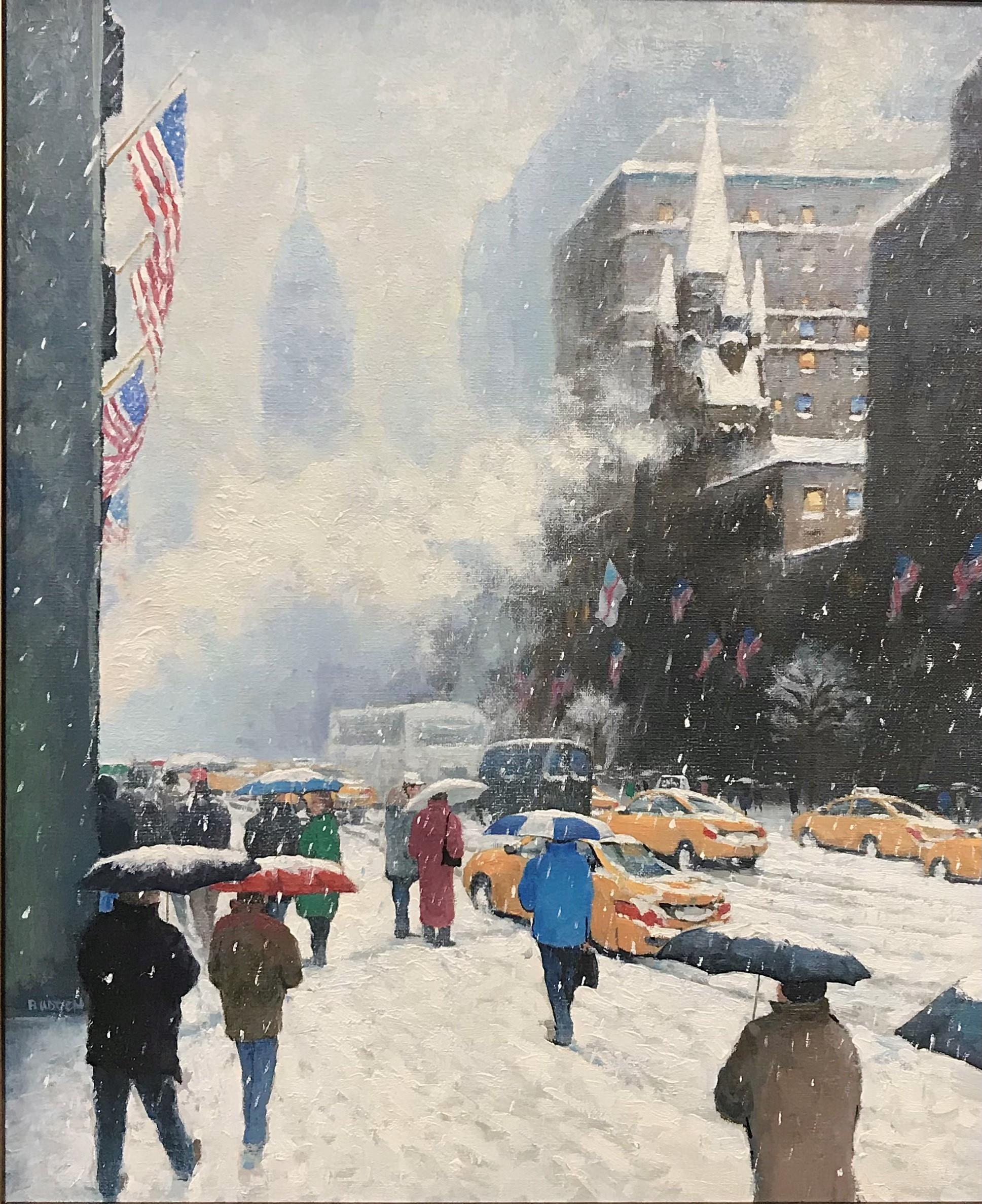 Winter-Ölgemälde Upper Fifth Avenue Flaggen, Michael Budden, New York City im Angebot 2