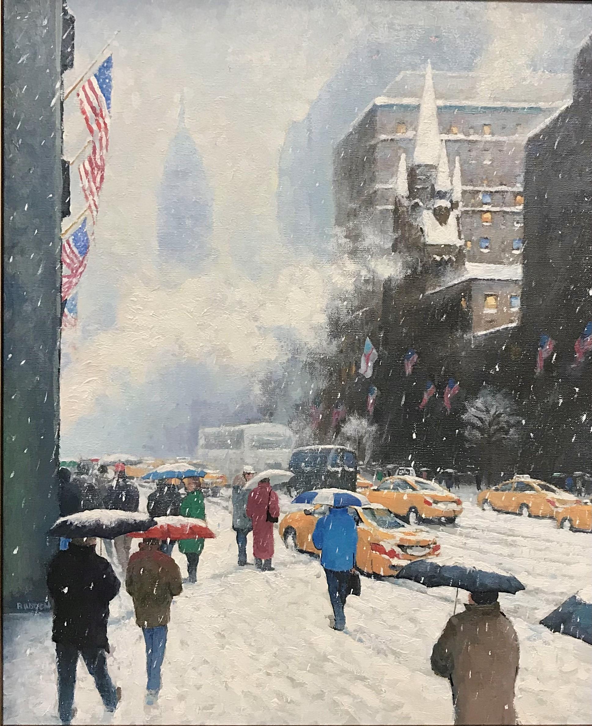 Peinture à l'huile d'hiver des drapeaux de l'Upper Fifth Avenue de New York Michael Budden en vente 2