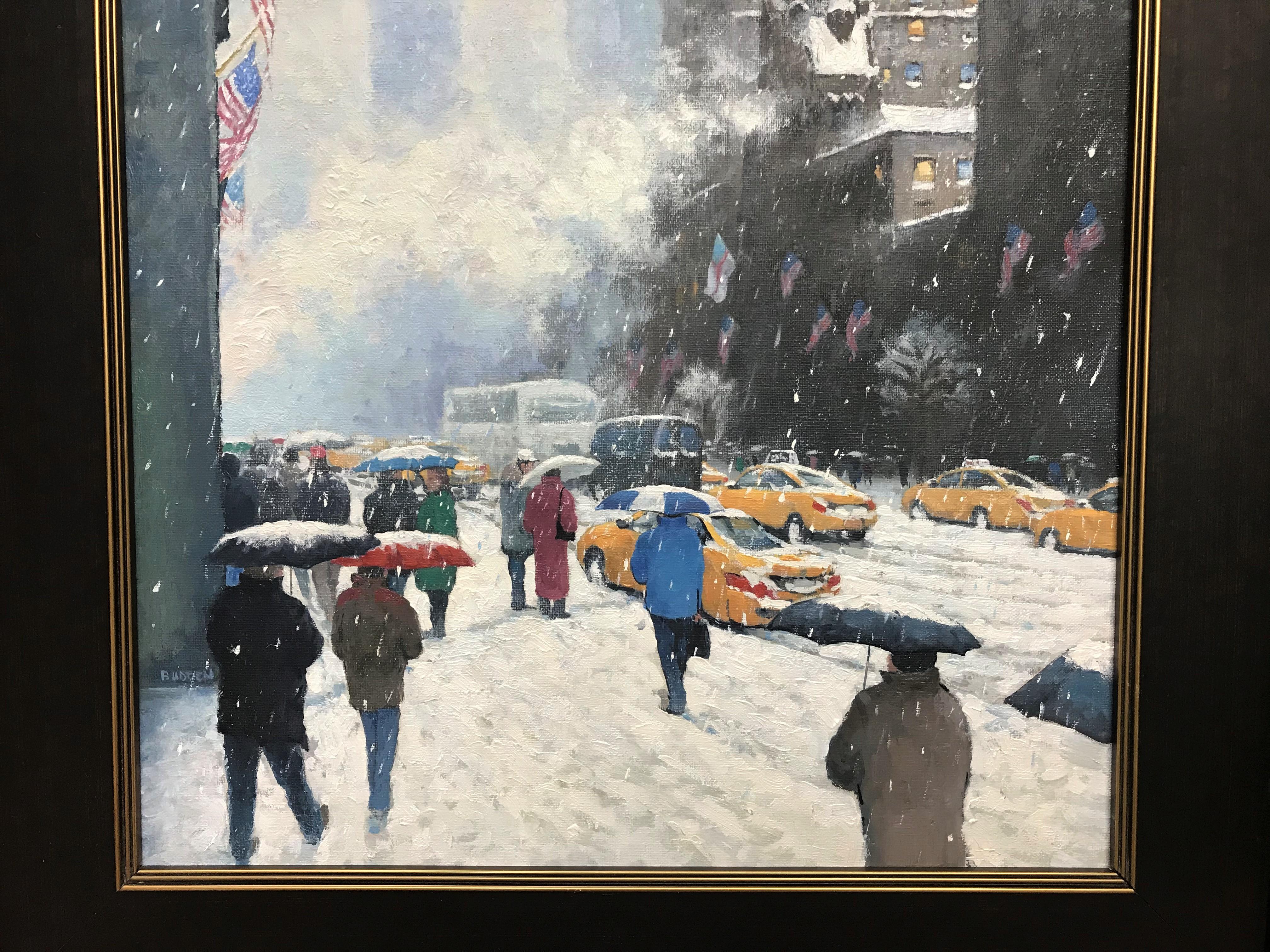 Newly revised and updated, Upper Fifth Avenue Flags is an oil painting on linen by award winning contemporary artist Michael Budden that showcases the bustling life and the beautiful winter flags along Fifth Ave in NYC looking towrads the Empire