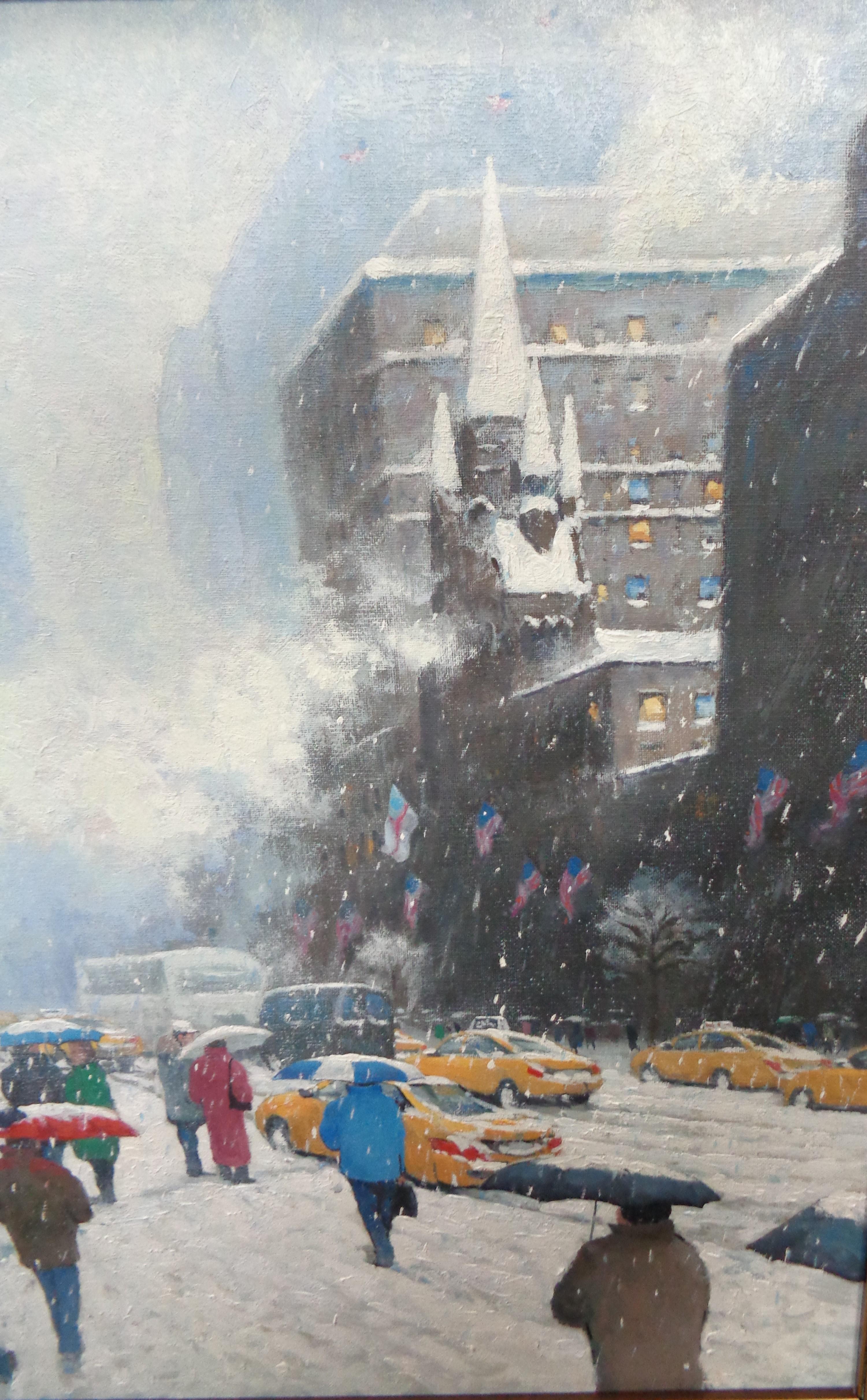Peinture à l'huile d'hiver des drapeaux de l'Upper Fifth Avenue de New York Michael Budden en vente 4