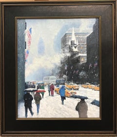 Winter-Ölgemälde Upper Fifth Avenue Flaggen, Michael Budden, New York City