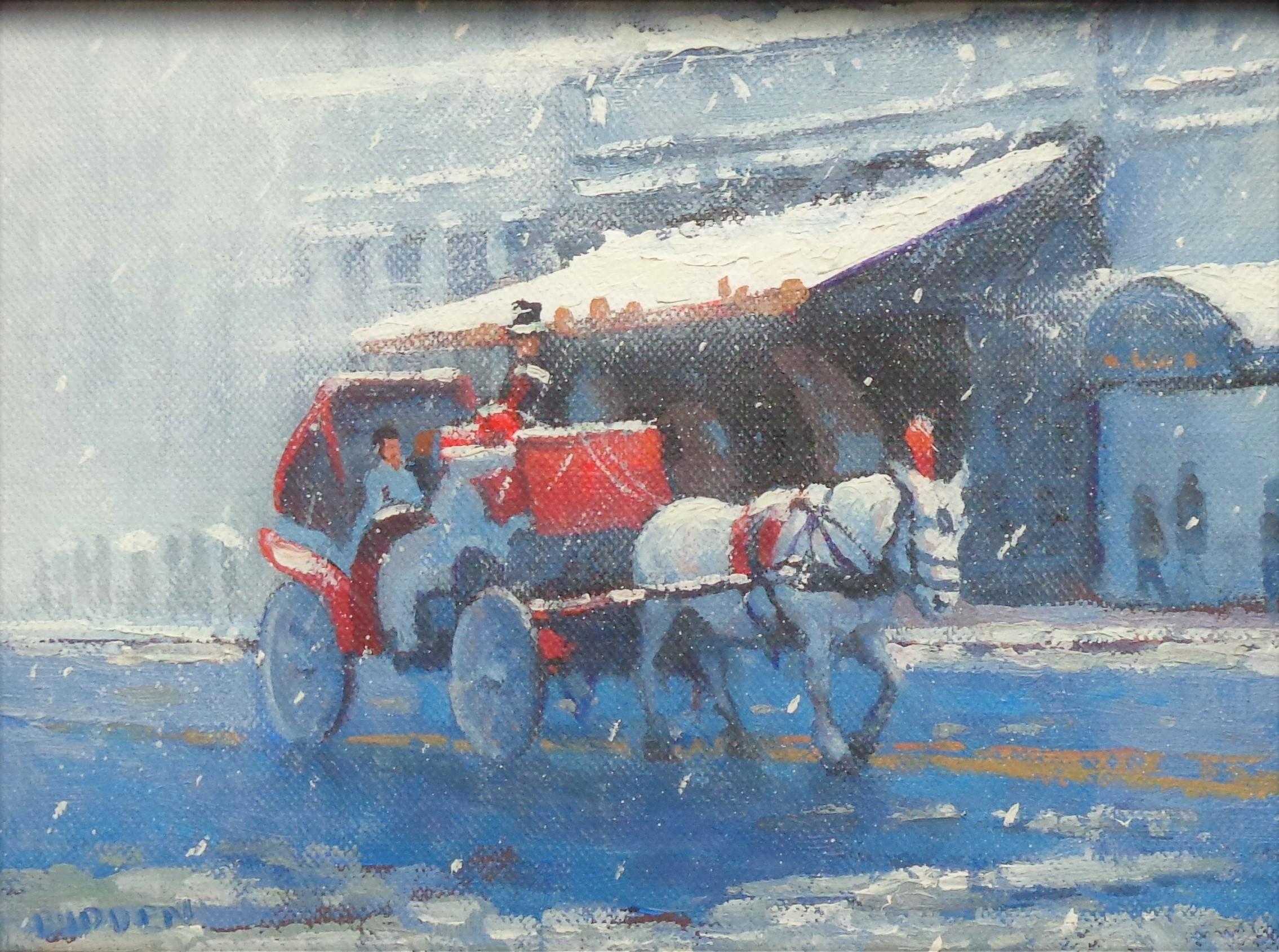 New York City Winter Snow Central Park Carriage Ride Oil Painting Michael Budden For Sale 1