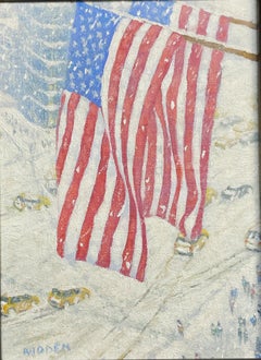 New York City Winter Snow  Flags Painting Michael Budden Above the Flatiron