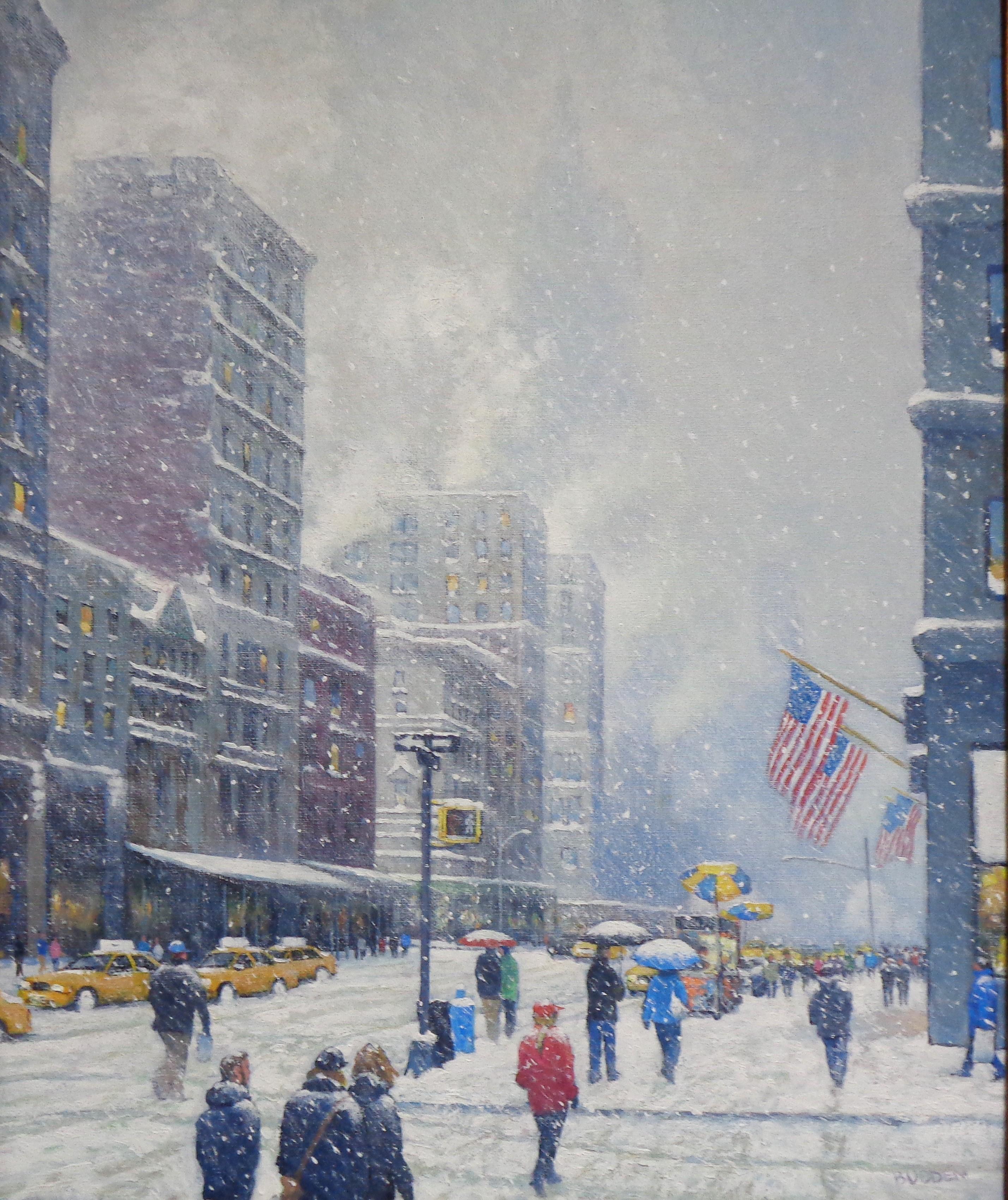 Nueva York Invierno Nieve Pintura Michael Budden A lo largo de la Quinta Avenida en venta 1