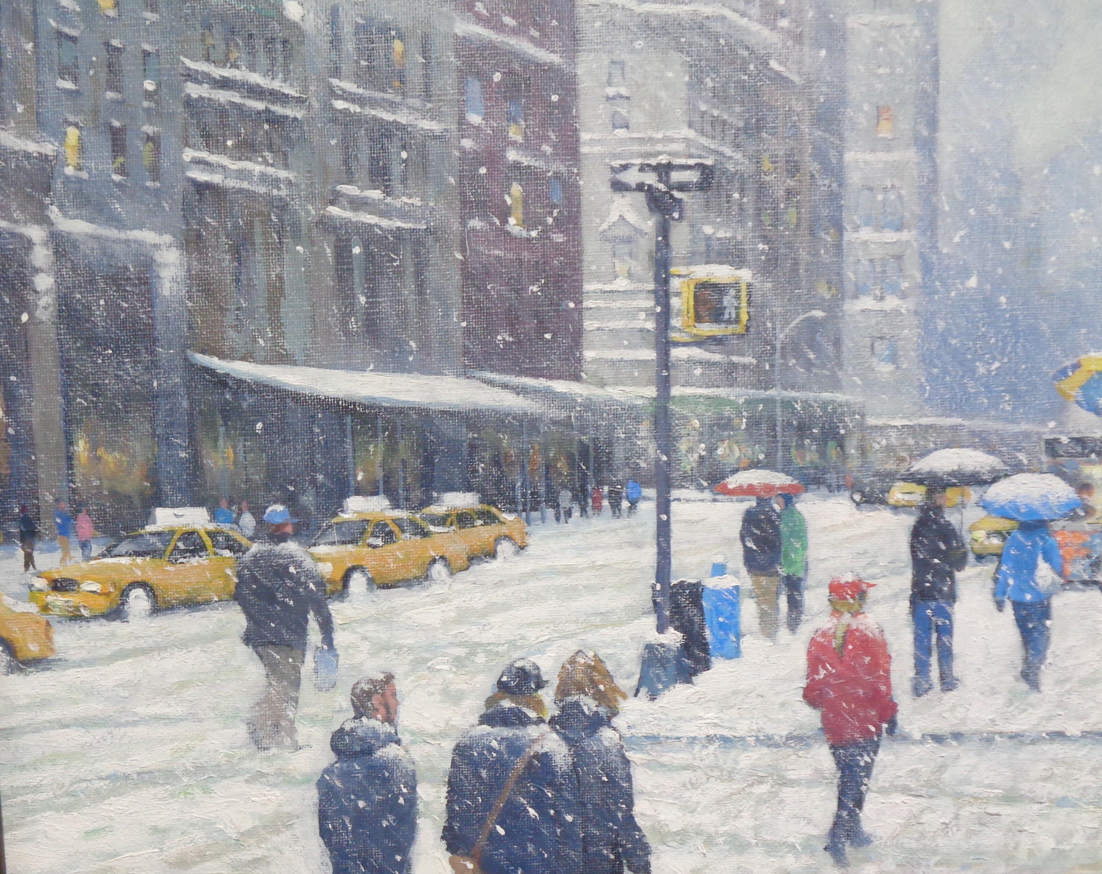 Nueva York Invierno Nieve Pintura Michael Budden A lo largo de la Quinta Avenida en venta 2