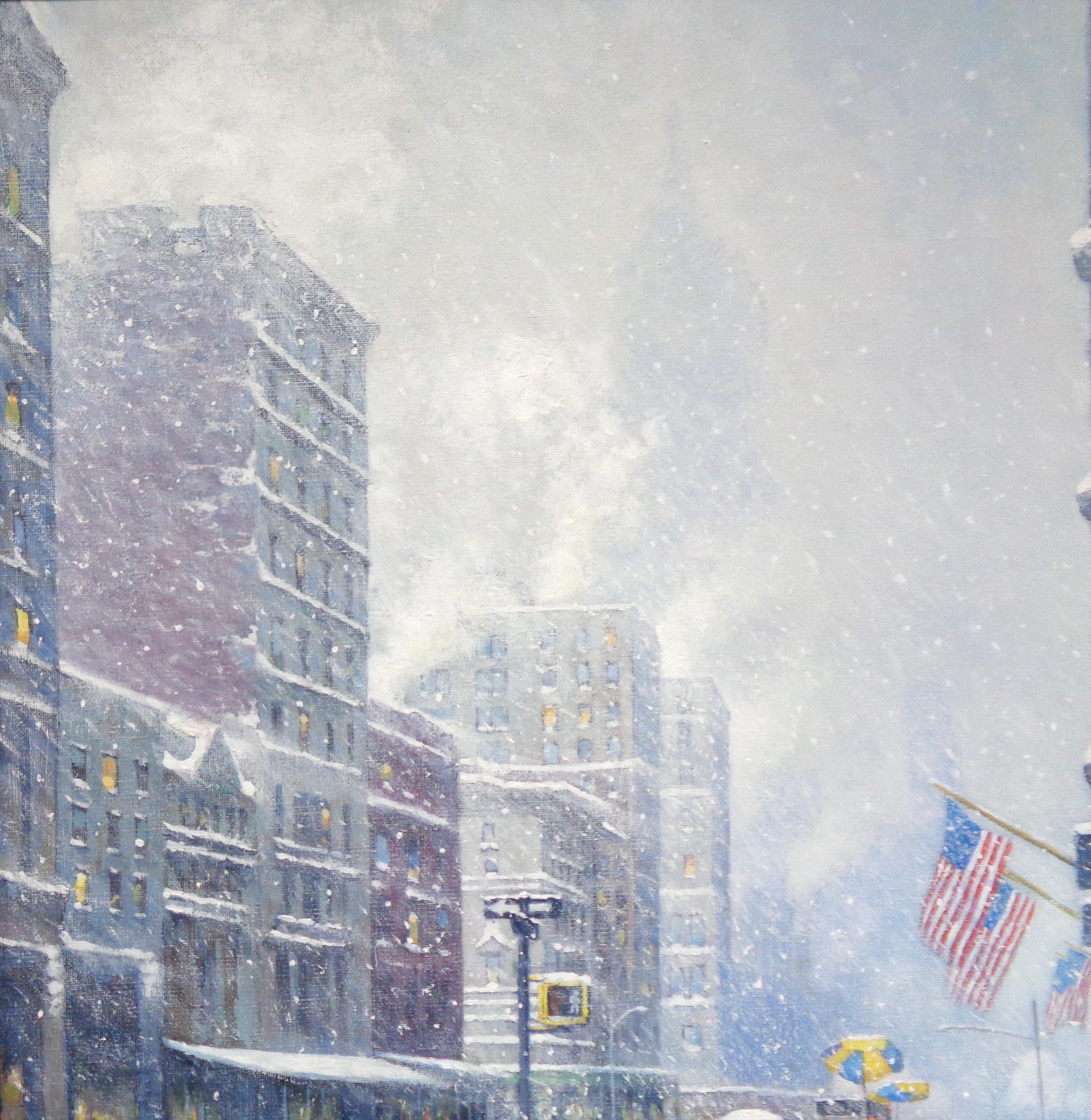 Nueva York Invierno Nieve Pintura Michael Budden A lo largo de la Quinta Avenida en venta 3