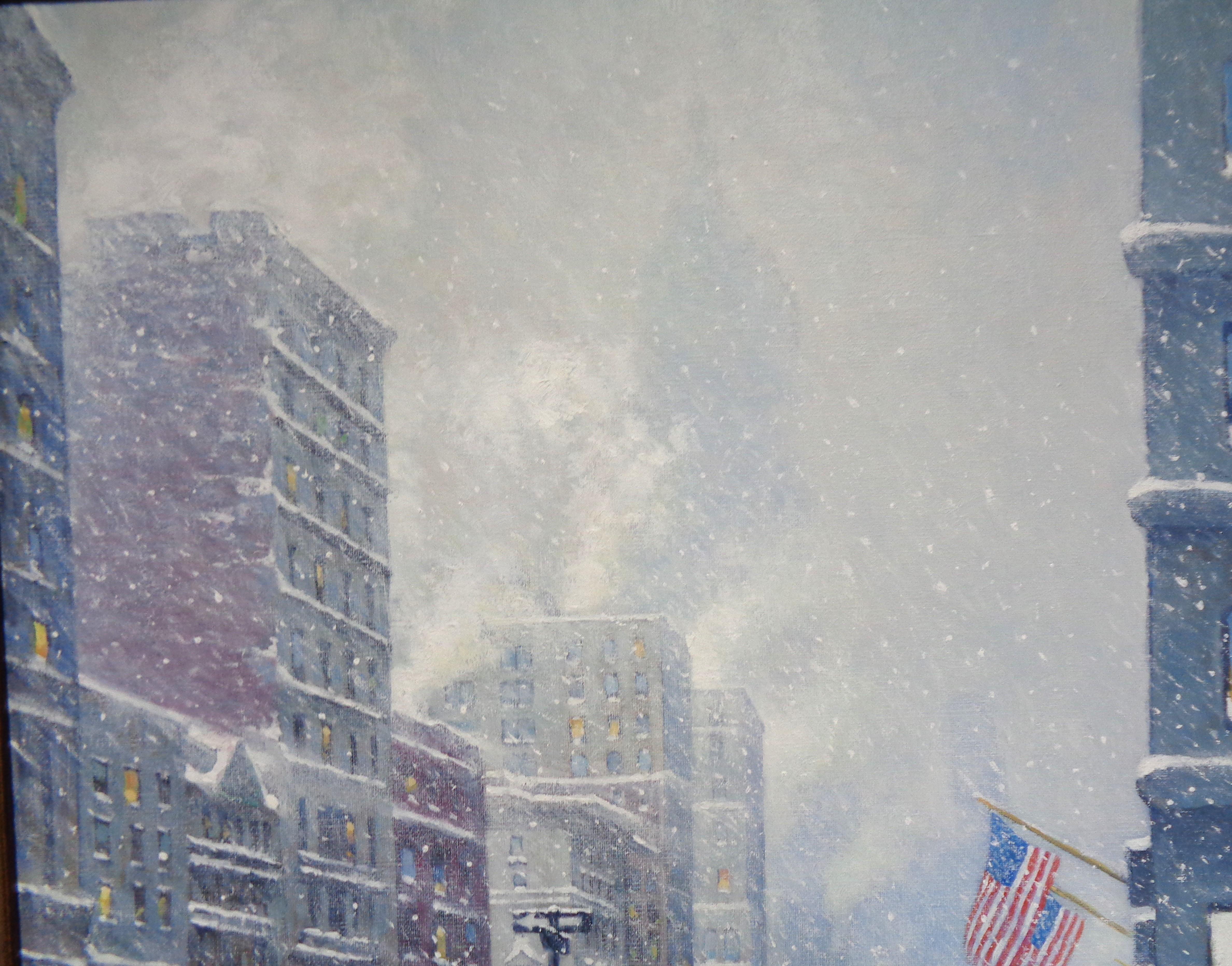 Nueva York Invierno Nieve Pintura Michael Budden A lo largo de la Quinta Avenida en venta 4