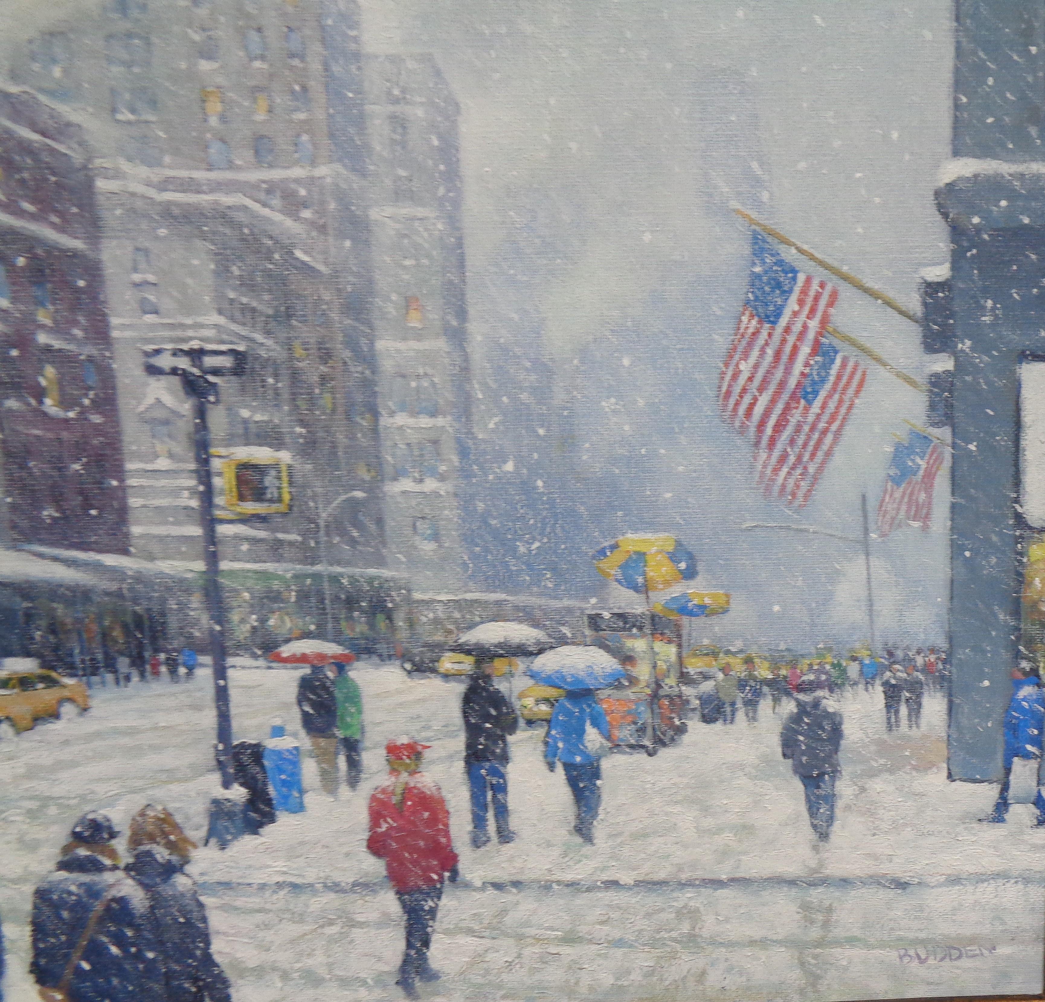 Nueva York Invierno Nieve Pintura Michael Budden A lo largo de la Quinta Avenida en venta 6