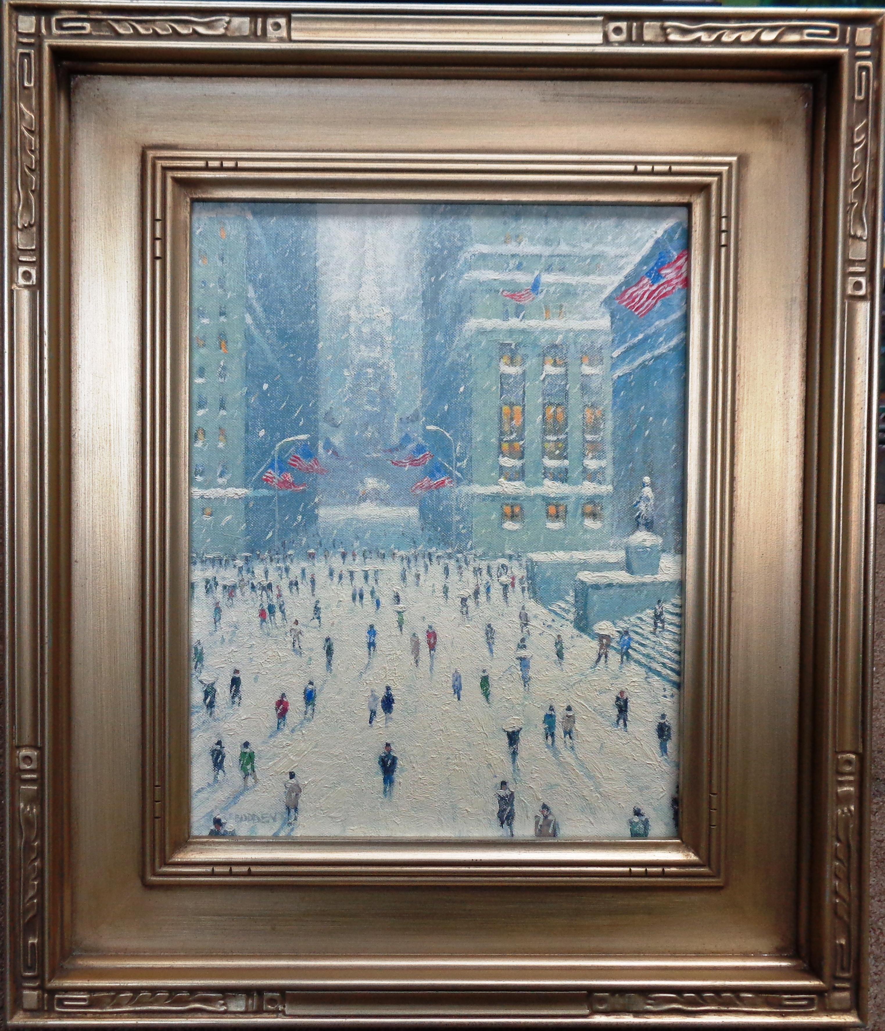 An oil painting on panel by award winning contemporary artist Michael Budden that showcases  a view of the bustling life on Wall Street, Trinity Church and the iconic flags on an atmospheric winter day in New York City. Painting is in an