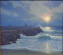 Nocturne Seascape Oil Painting Michael Budden Moonlight Shimmer Boats Jetty
