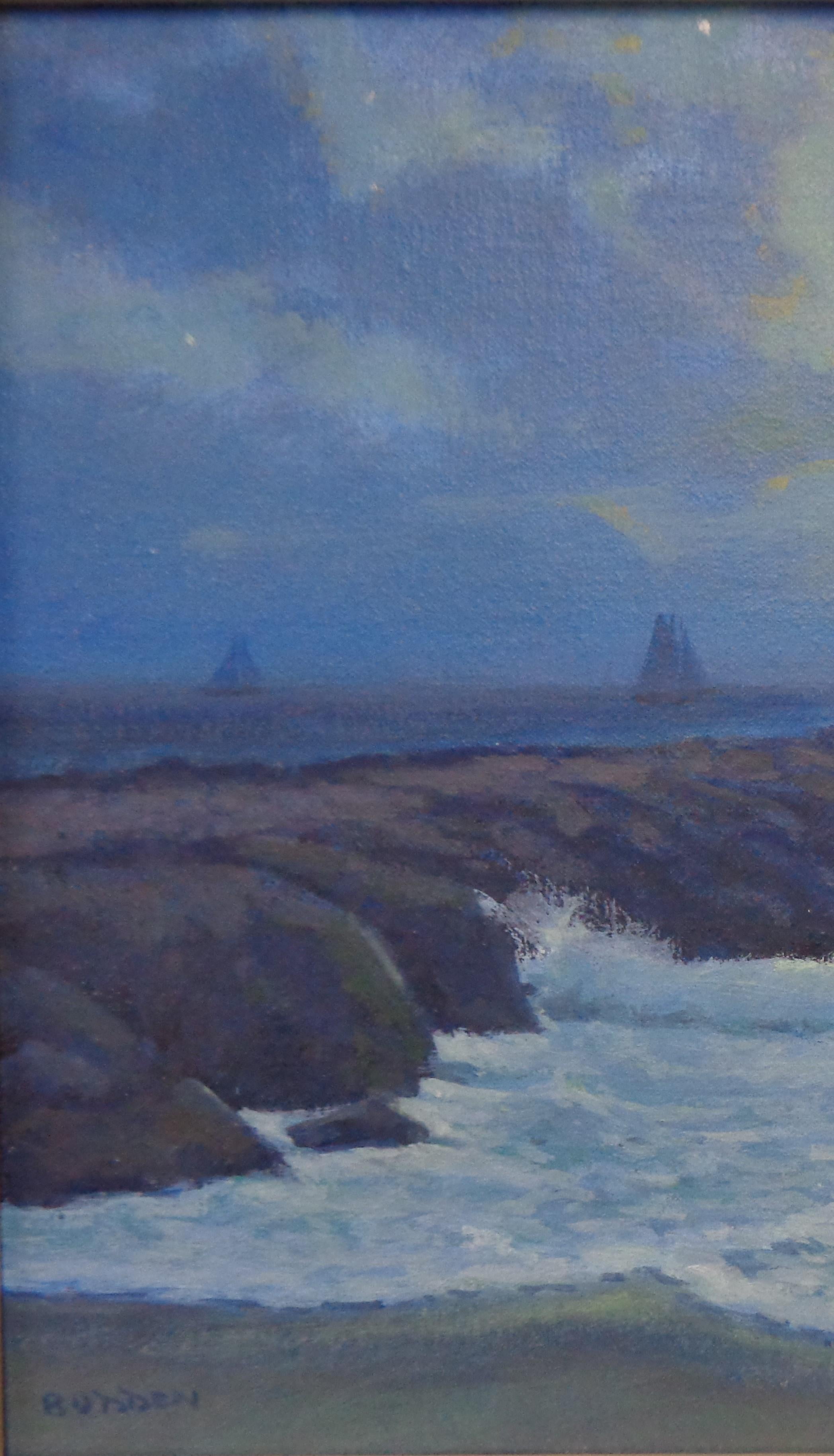 Nocturno Paisaje marino Pintura al óleo Michael Budden Luz de luna Brillo Barcos Embarcadero en venta 2