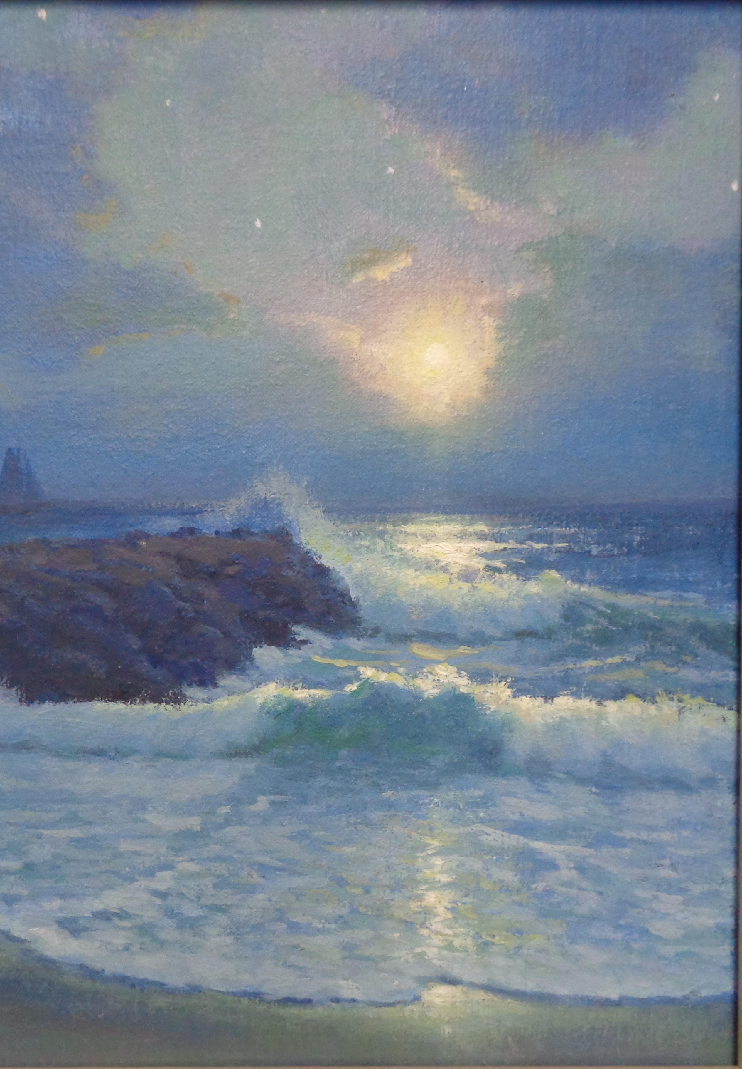 Nocturno Paisaje marino Pintura al óleo Michael Budden Luz de luna Brillo Barcos Embarcadero en venta 3