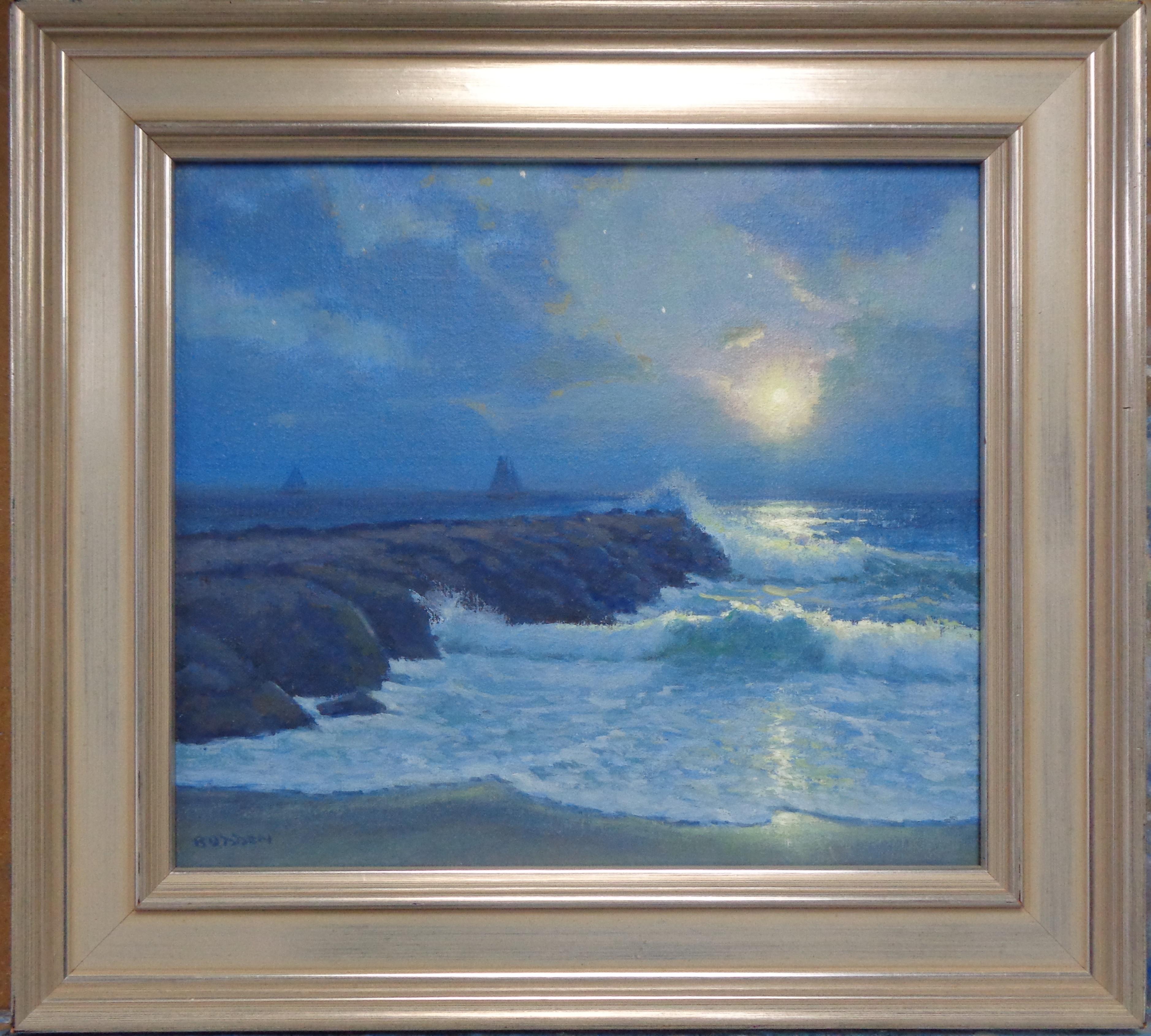 El resplandor de la luna es un paisaje marino nocturno pintado al óleo sobre tabla por el artista de Chesterfield, Nueva Jersey, Michael Budden, enmarcado en un marco plateado como el de la foto, que muestra una magnífica salida de la luna rodeada