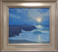 Peinture à l'huile « Nocturne Seascape » Michael Budden Moonlight Shimmer Boats Jetty