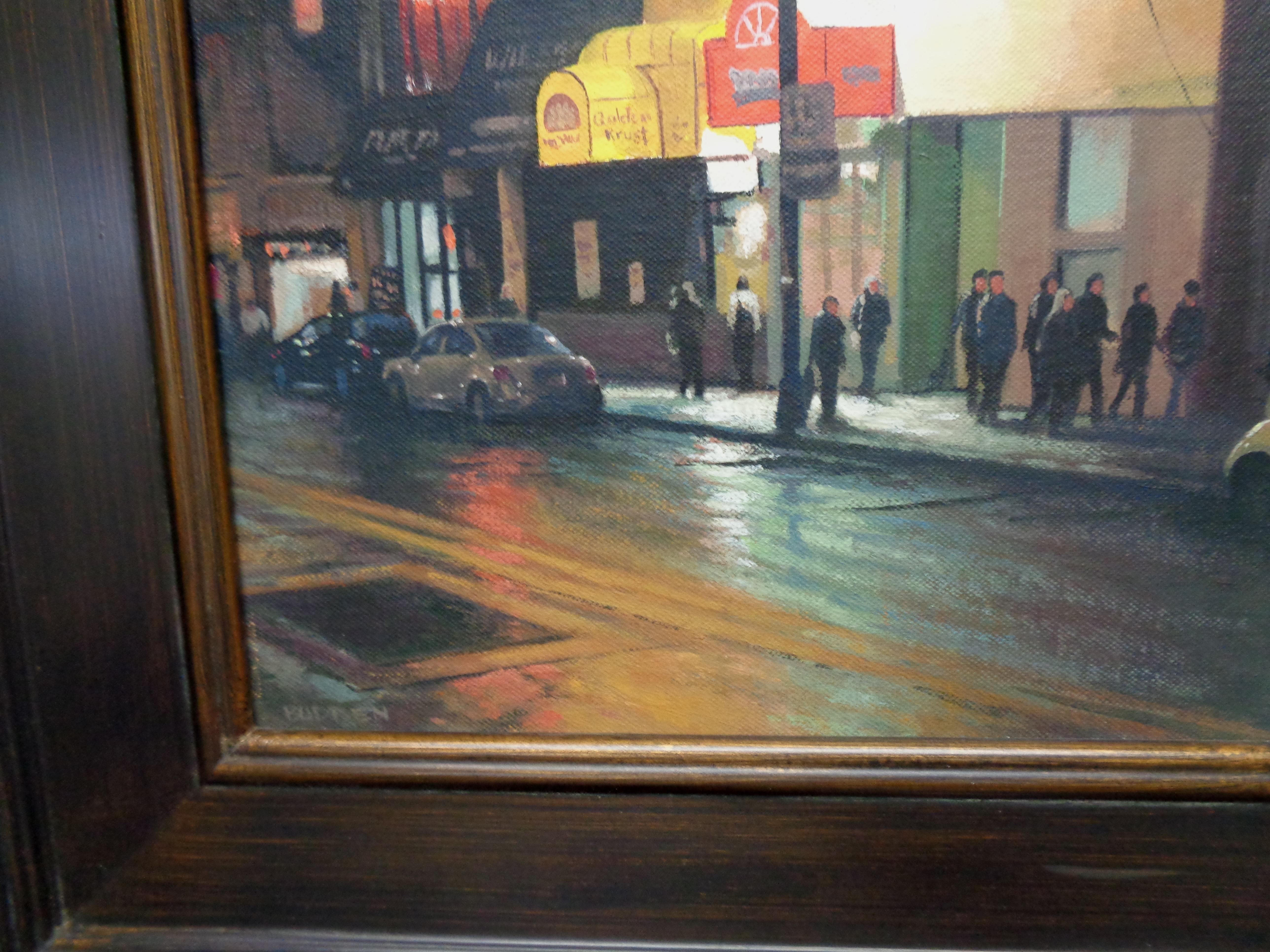 NYC Ölgemälde Michael Budden Nocturne Street Scene „Night Life“ Am. Flagge im Angebot 1