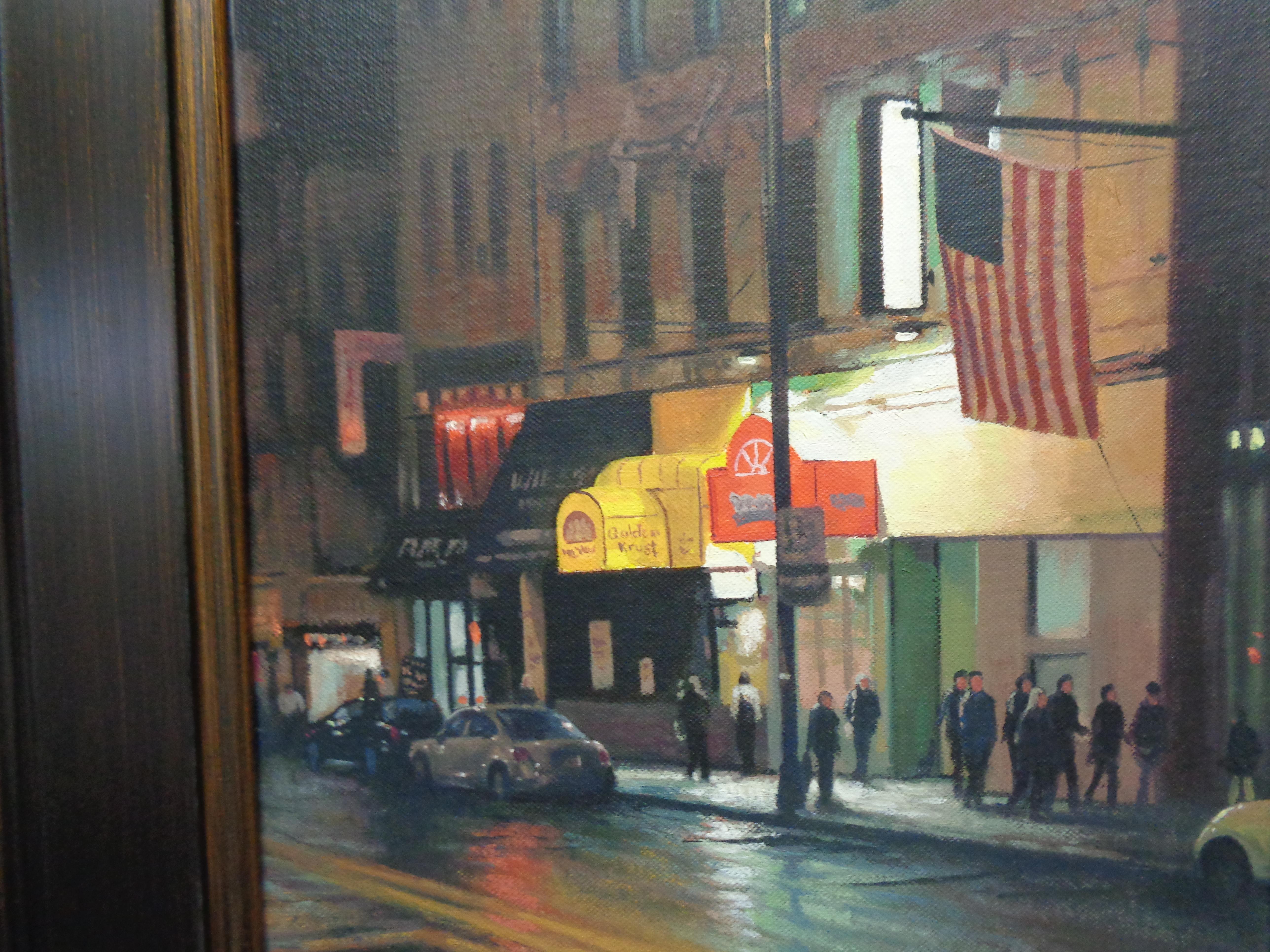 NYC Ölgemälde Michael Budden Nocturne Street Scene „Night Life“ Am. Flagge im Angebot 2