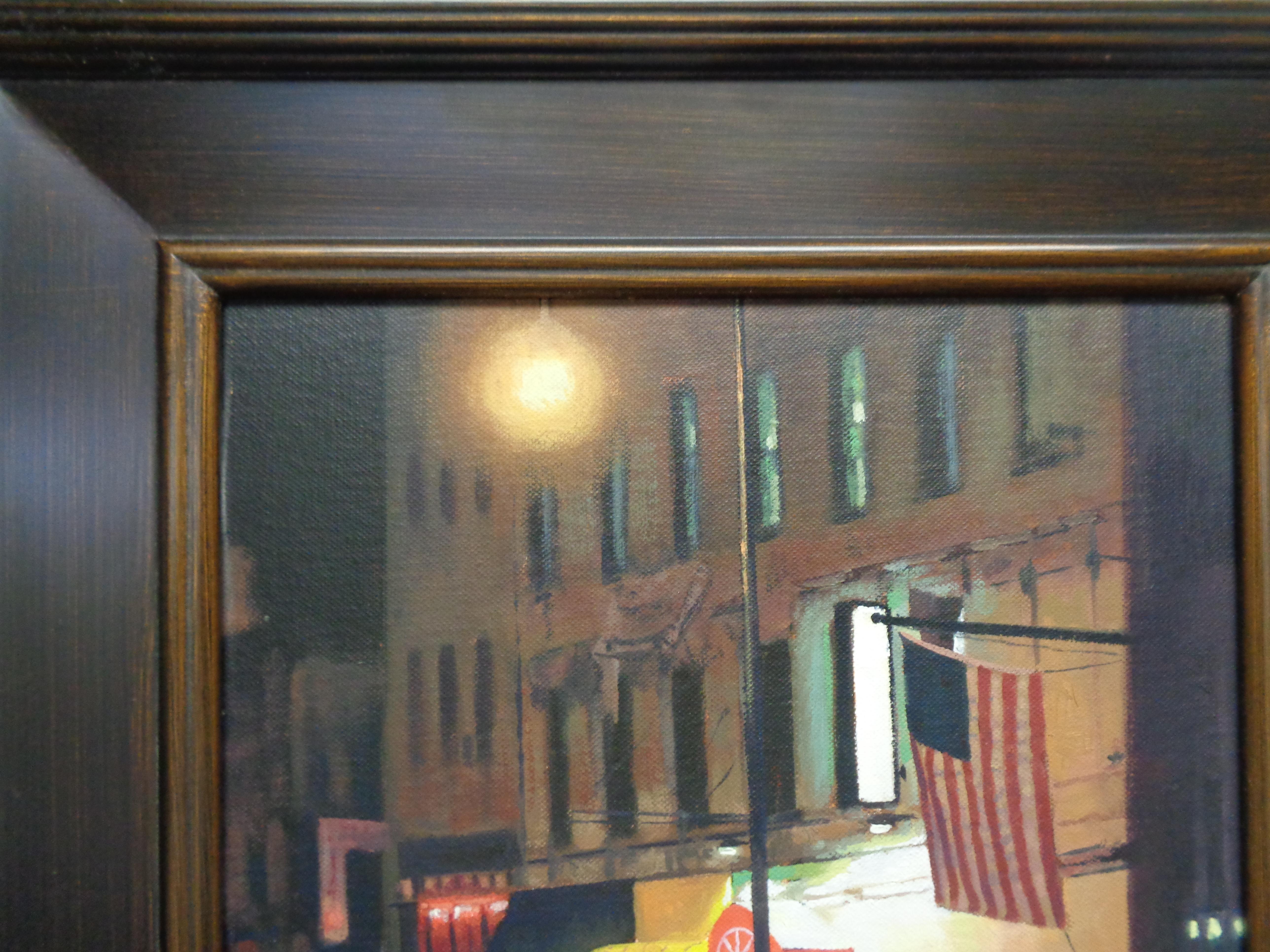 NYC Ölgemälde Michael Budden Nocturne Street Scene „Night Life“ Am. Flagge im Angebot 3