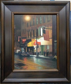   NYC Oil Painting Michael Budden Nocturne Street Scene "Night Life" Am. Flag