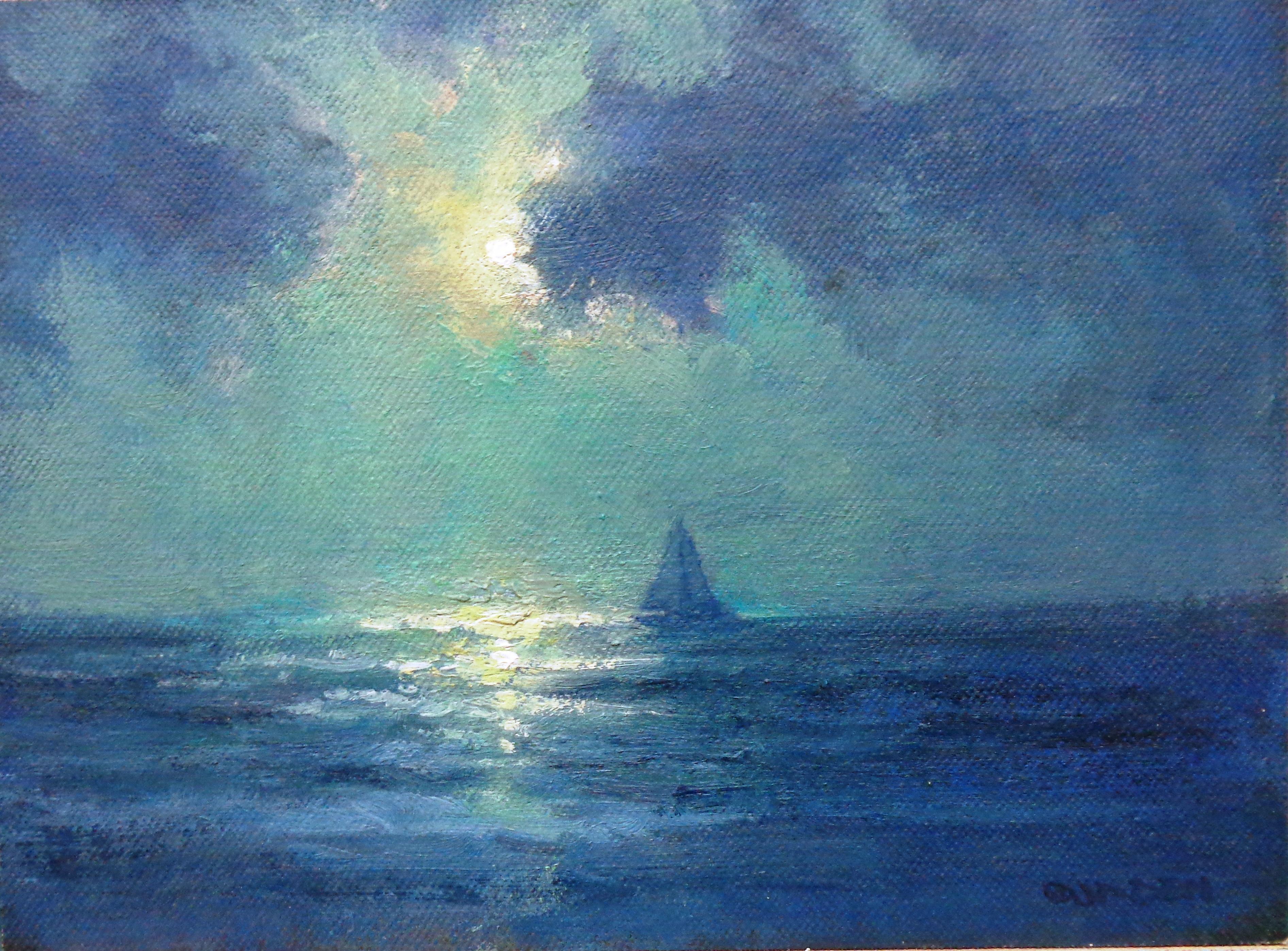  Ocean Beach Impressionistic Moonlight Seascape Oil Painting by Michael Budden For Sale 1