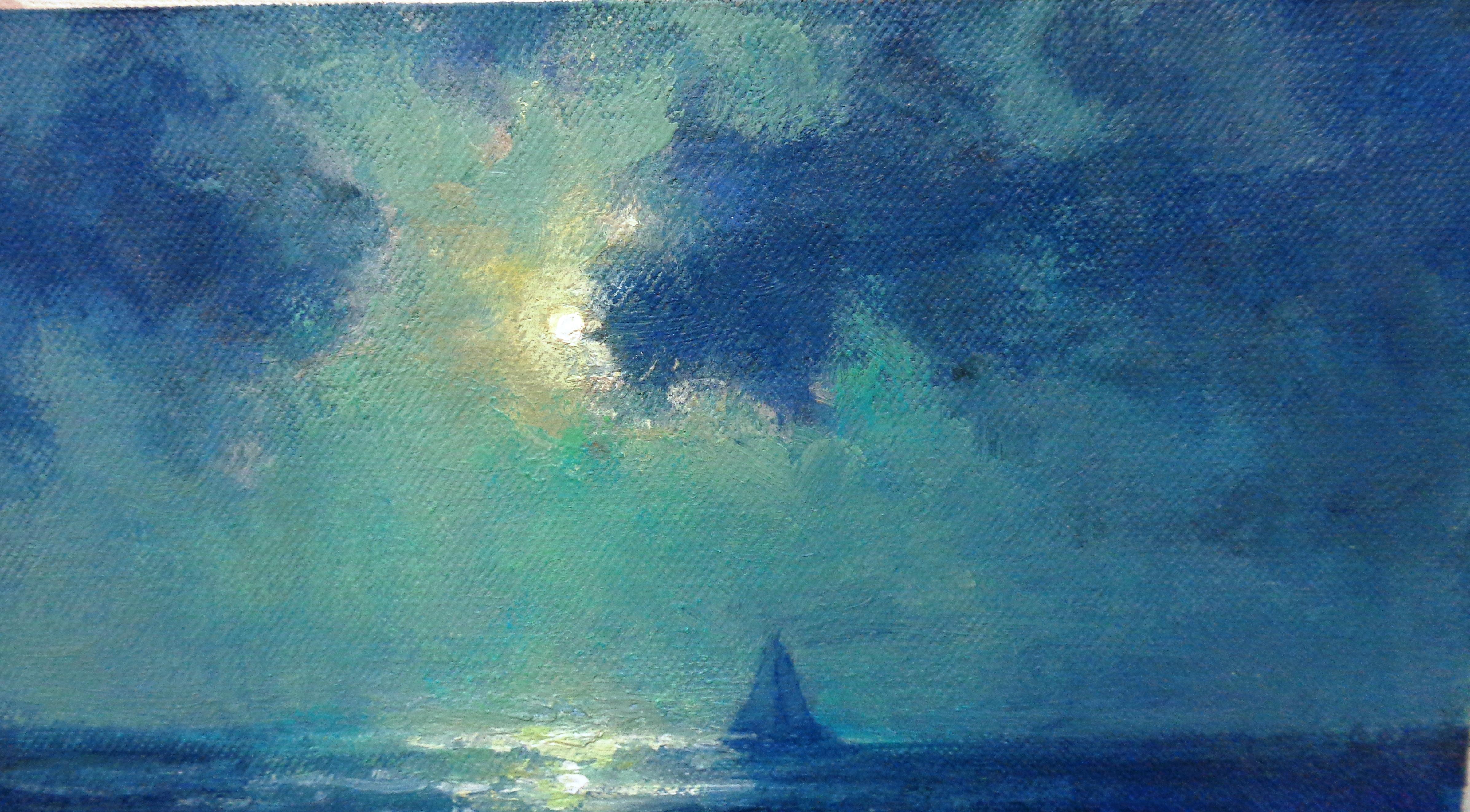  Ocean Beach Impressionistic Moonlight Seascape Oil Painting by Michael Budden For Sale 2