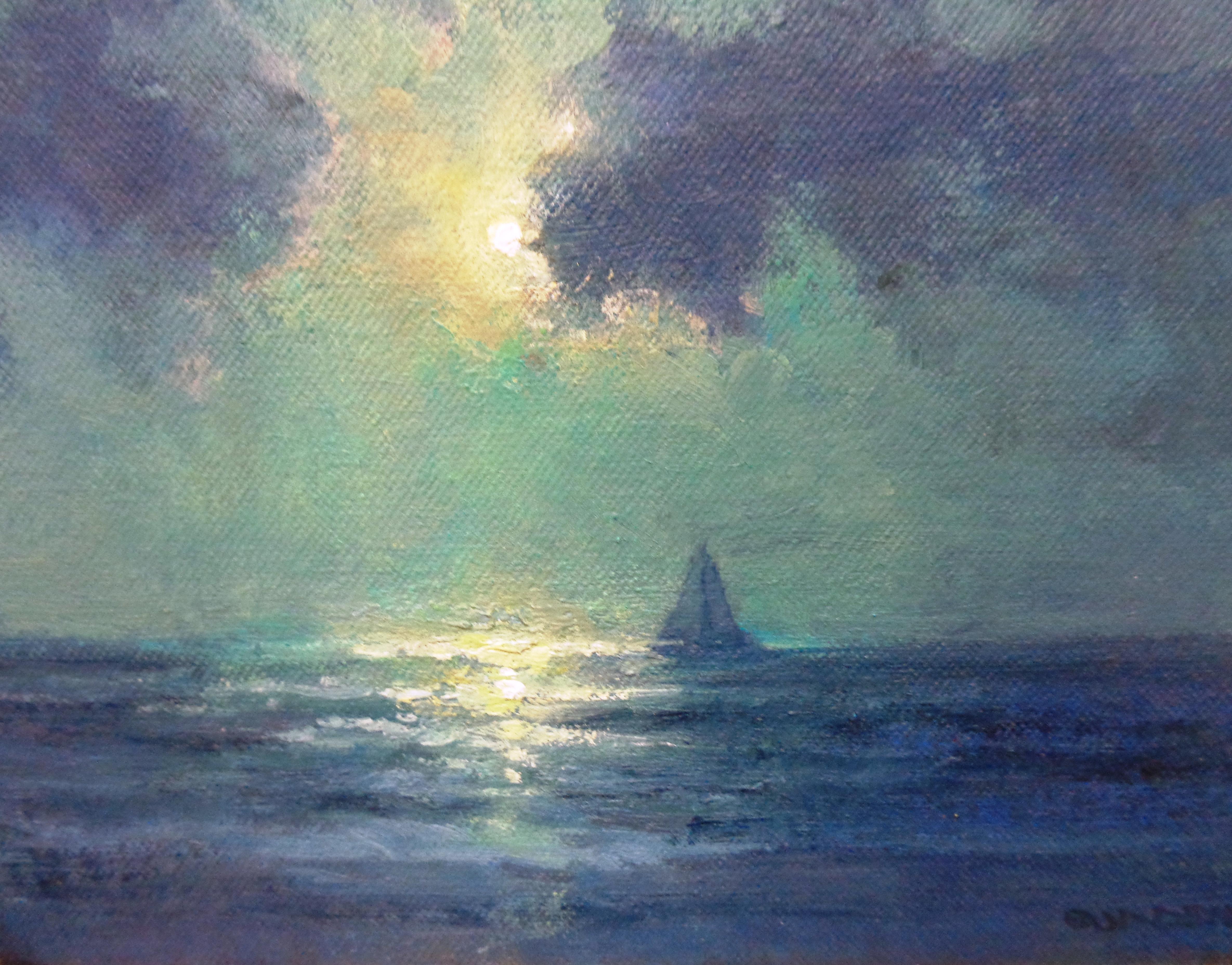 Paisaje marino impresionista con luz de luna en la playa del océano Pintura al óleo de Michael Budden en venta 3