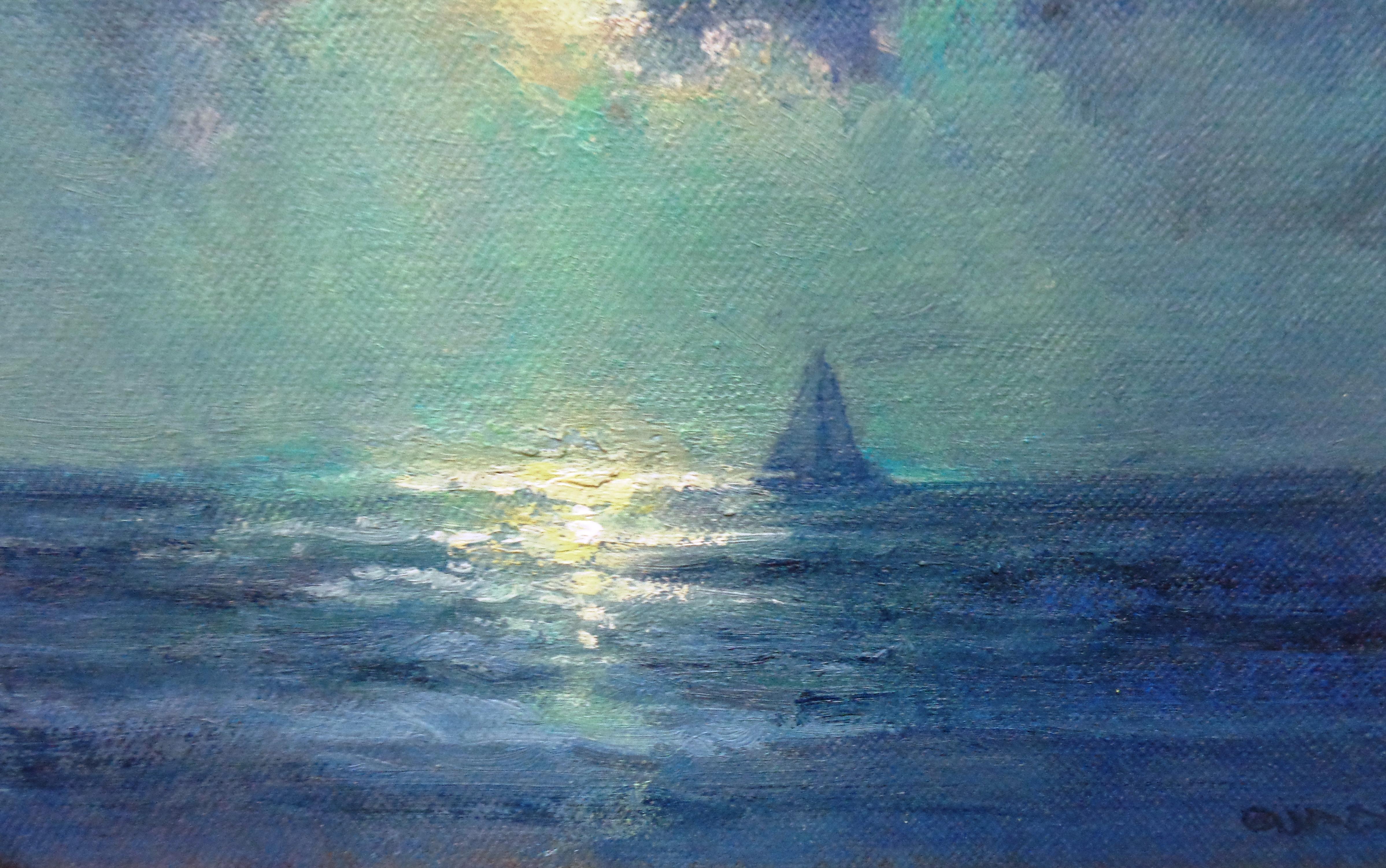 Paisaje marino impresionista con luz de luna en la playa del océano Pintura al óleo de Michael Budden en venta 4