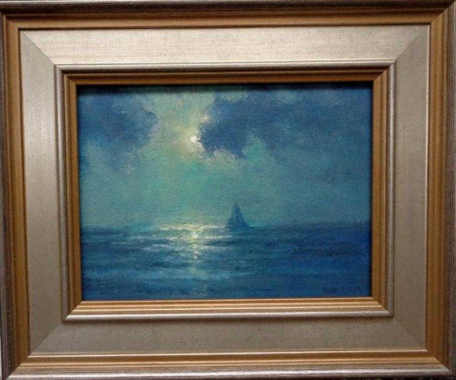 An oil painting on panel by award winning contemporary artist Michael Budden that showcases a beautiful moonlit sailing evening created in an impressionistic realism style. The image measure 8 x 6 unframed and 11.75 x 10 framed.
ARTIST'S STATEMENT
I