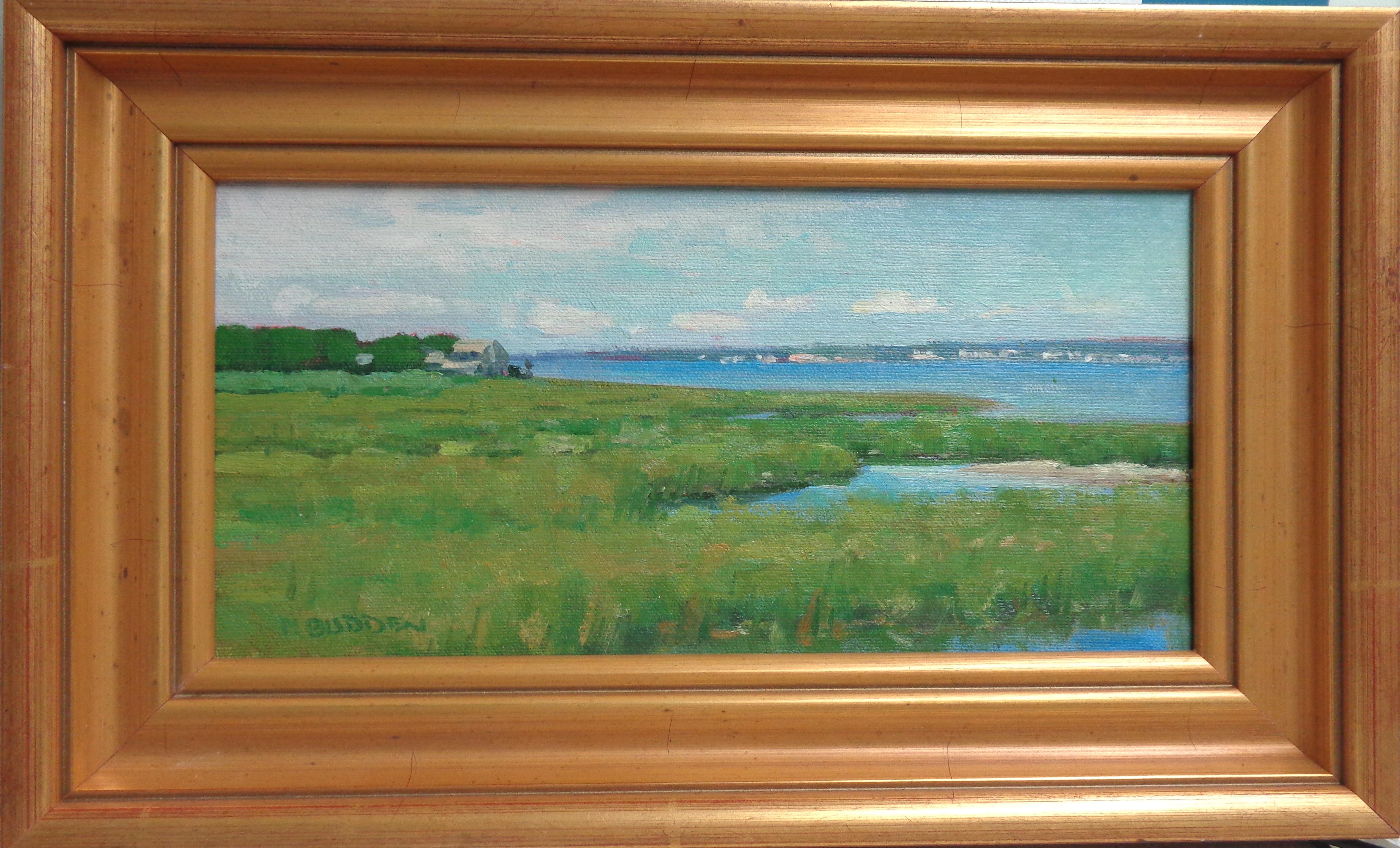 Marshland an oil painting on panel by award winning contemporary artist Michael Budden that showcases a beautiful summer marsh scene created in an impressionistic realism style and was painted on location. The image measure  6 x 12 unframed and 9.25