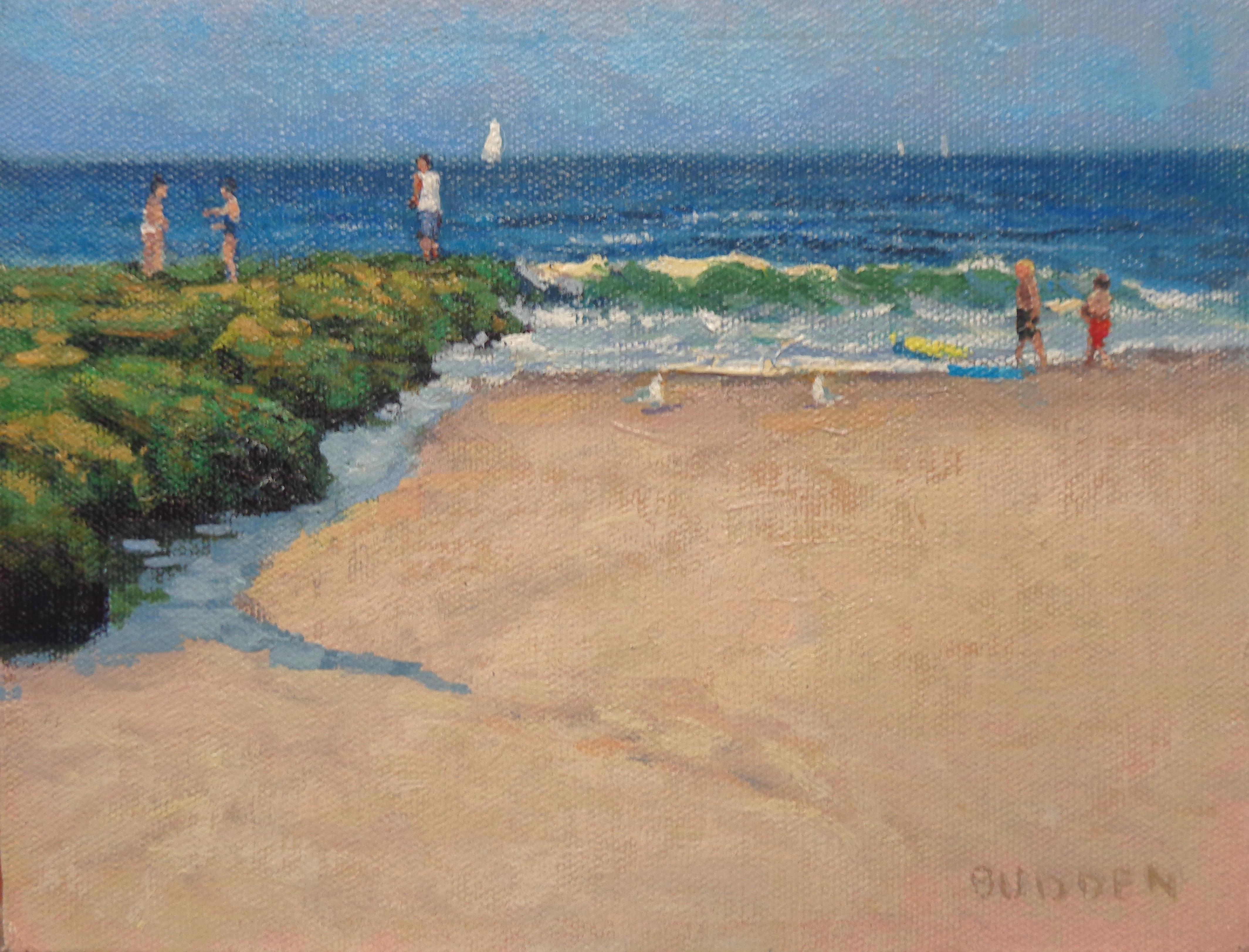 Ocean Beach Seascape Oil Painting Children Playing Michael Budden Summer Play For Sale 1