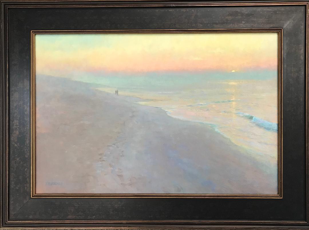 Mystical Morning is an oil painting on canvas by award winning contemporary artist Michael Budden that showcases a romantic mystical morning seascape sunrise created in an impressionistic realism style with very soft colors and detail including a