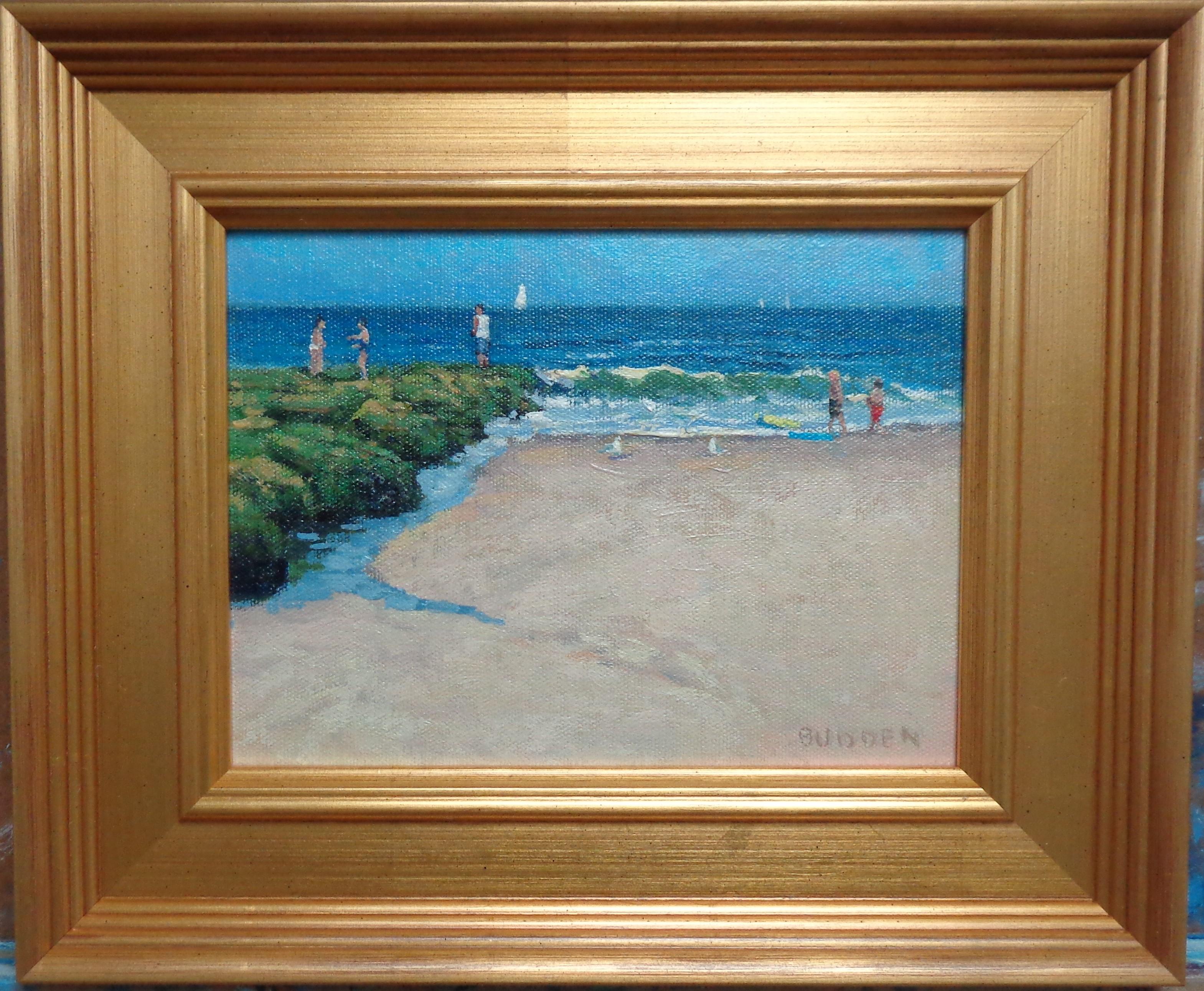 A study oil painting on canvas by award winning contemporary artist Michael Budden that showcases a unique composition of  life on the beach on a summer day created in an impressionistic realism style. The painting exudes the very rich qualities of