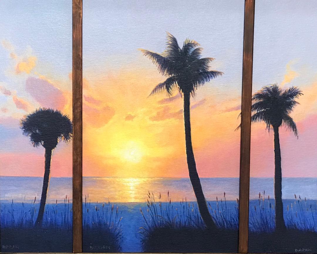 Playa del océano Puesta de sol en el sur Paisaje marino Tríptico Pintura al óleo de Michael Budden en venta 1