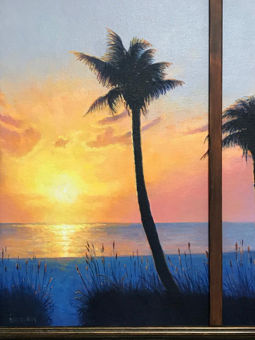 Playa del océano Puesta de sol en el sur Paisaje marino Tríptico Pintura al óleo de Michael Budden en venta 2