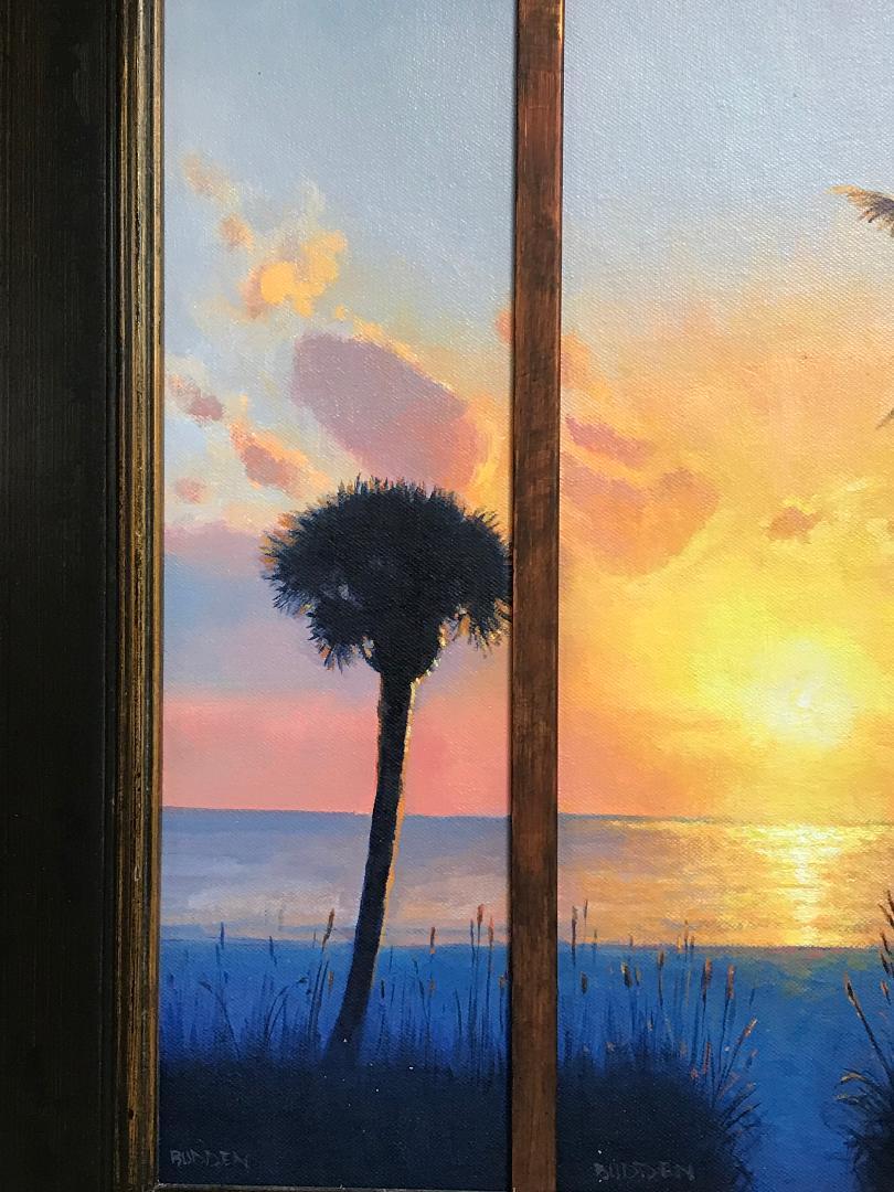 Playa del océano Puesta de sol en el sur Paisaje marino Tríptico Pintura al óleo de Michael Budden en venta 4