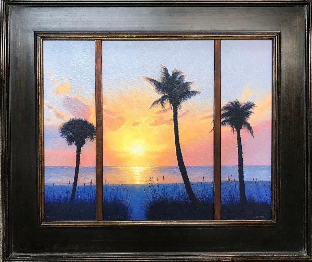 Südlicher Sonnenuntergang
22,5 x 26,5 x1 gerahmt
Hier ist ein Triptychon Ölgemälde auf Leinwand Panel von preisgekrönten zeitgenössischen Künstlers Michael Budden, dass eine romantische südlichen Sonnenuntergang Seelandschaft in einem