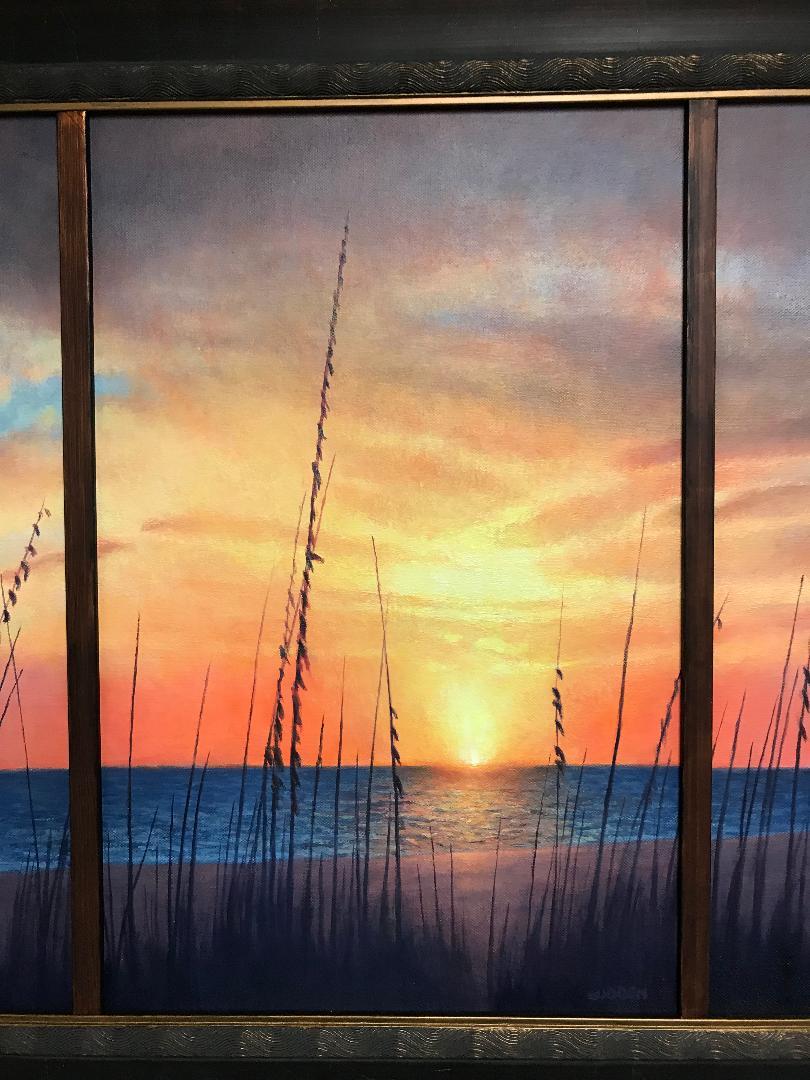 Tríptico Playa del Océano Paisaje marino Pintura al óleo de Michael Budden Amanecer en la costa en venta 2